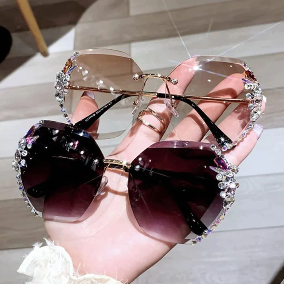 Gafas de Sol de Diamante sin Montura para Mujer 2022, Gafas de Sol de Diamante Degradado de Gran tamaño, Gafas de Sol de Cristal con protección UV
