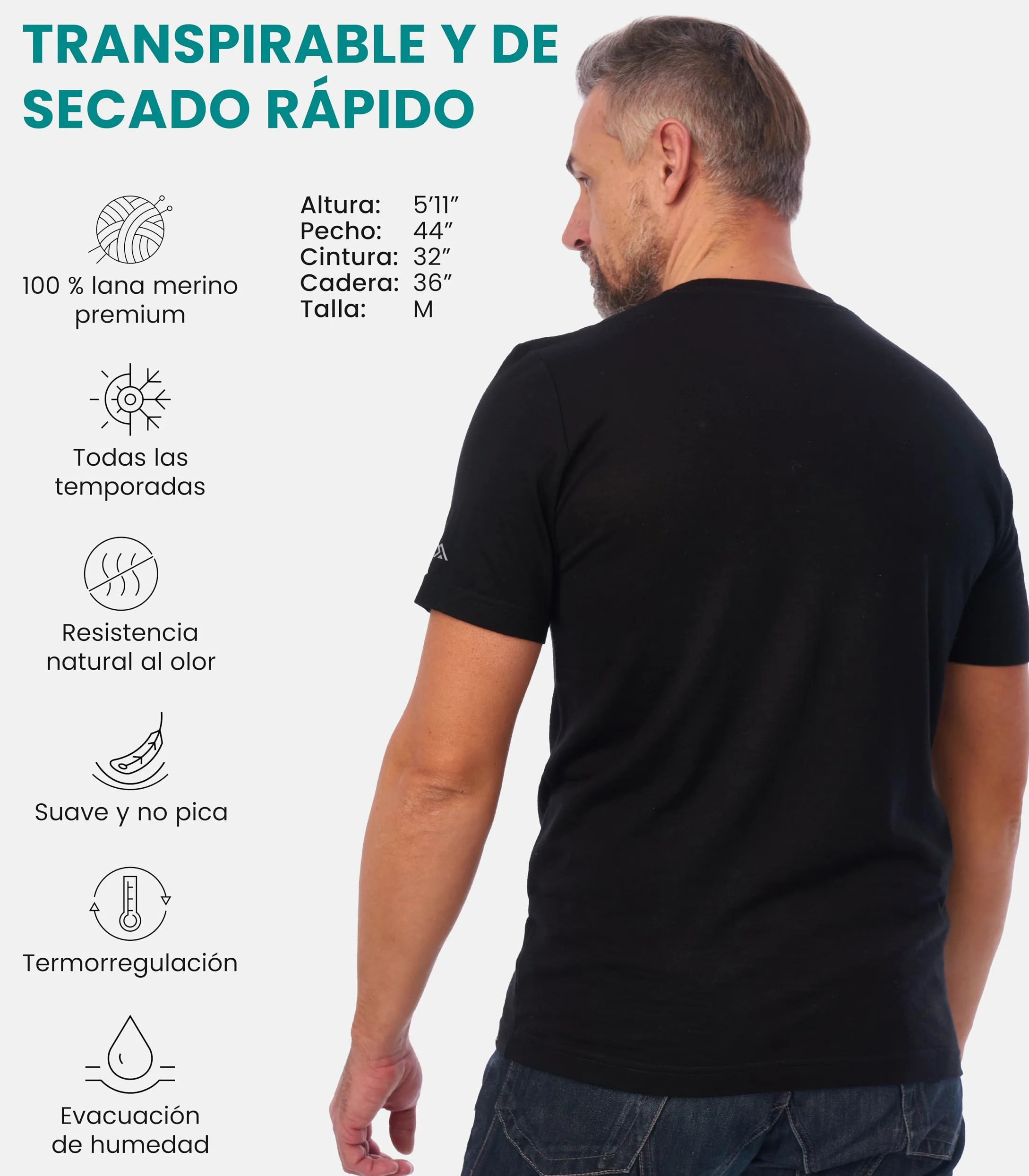 Merino.tech Camiseta Interior de Lana Merino 100% para Hombre | No pica, secado rápido, transpirable, de fácil cuidado, estilo outdoor