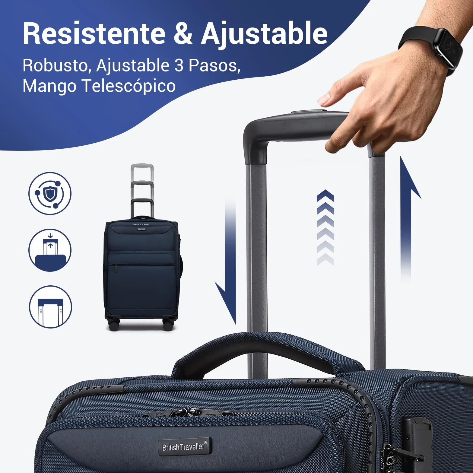 British Traveller Maleta Cabina 57,5cm Trolley Rígido con 4 Ruedas Giratorias y Cerrado TSA, Azul