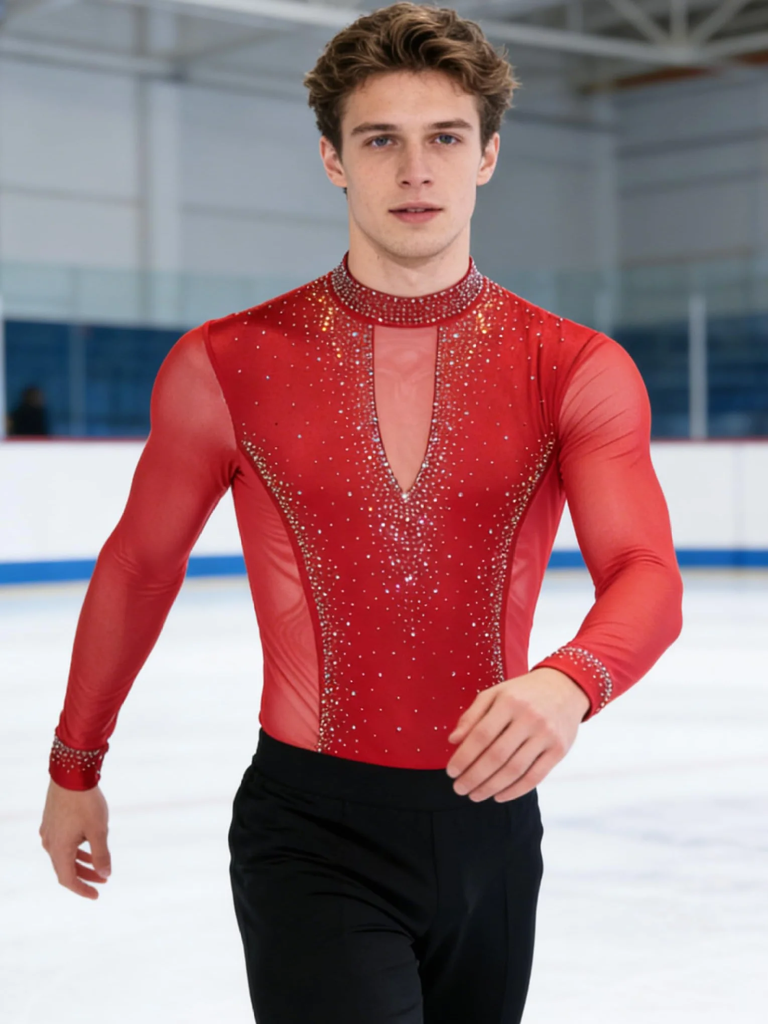 Body de malla para hombre danza latina con brillantes de estrás