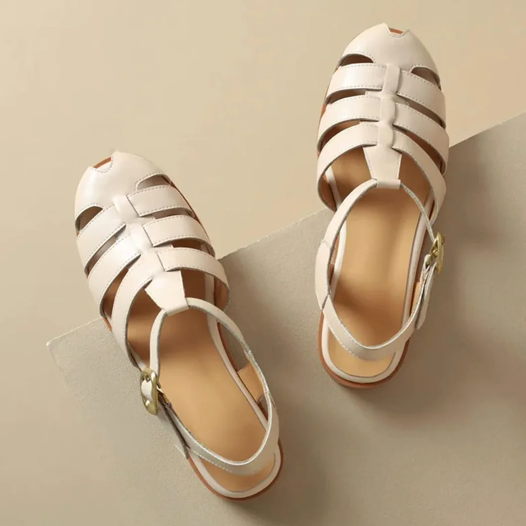 Sandalias básicas de piel auténtica con correa de tobillo para mujer, con hebilla y correa trasera, tacón plano, sandalias de verano, beige, 41 EU