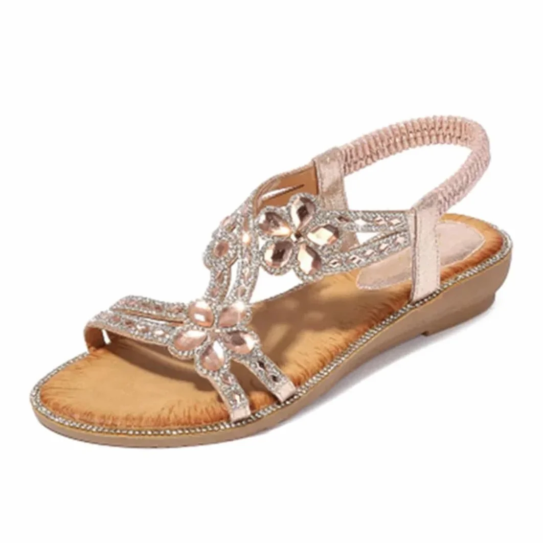 Sandalias de gladiador con banda elástica para mujer, correa delantera y trasera, tacón de cuña, parte superior de poliuretano, bohemio, floral, casual