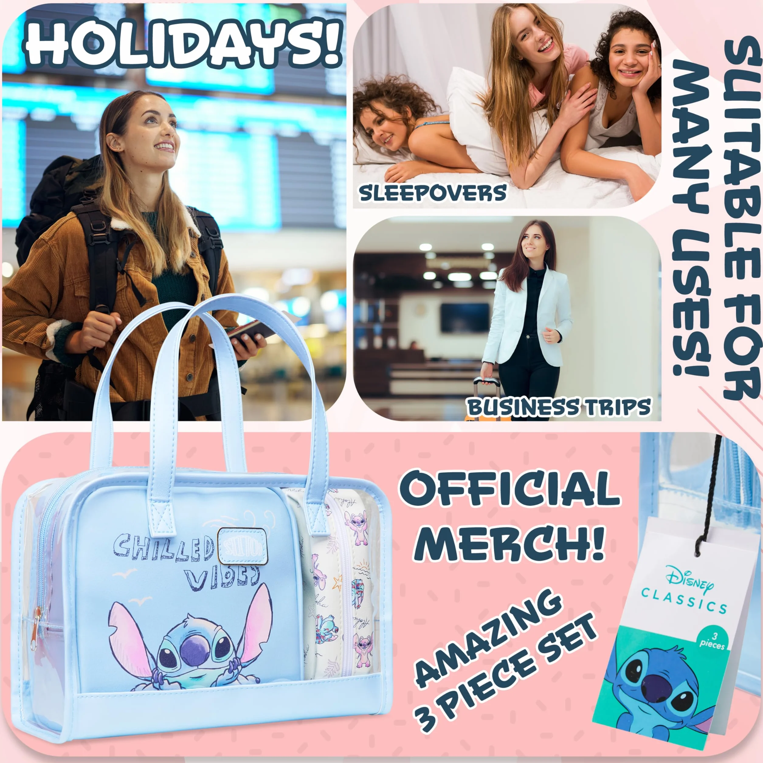 Get Trend Disney Stitch Neceser Mujer y Niña, Set de 3, Neceser Maquillaje, Bolsa de Cosméticos y Viaje Uso Diario, Regalo para Mujer Niña (Azul Stitch)