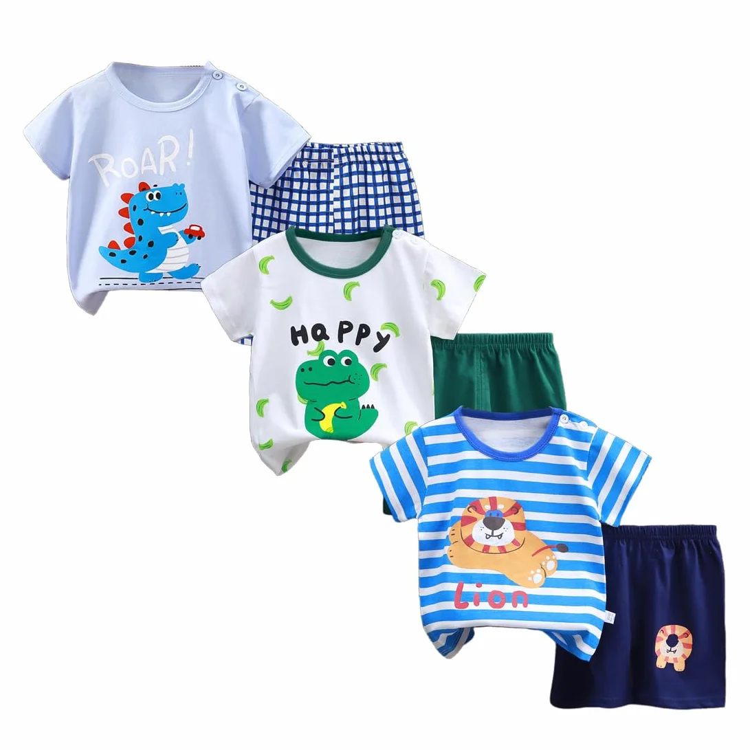 Conjunto de Ropa para Bebé y Niño, Pack 6 Piezas 3 Juegos, Camiseta y Pantalones Cortos de Algodón Puro, con broche de hombro para bebé y sin broche para niño, Tallas 50-130, 3 Meses a 7 Años