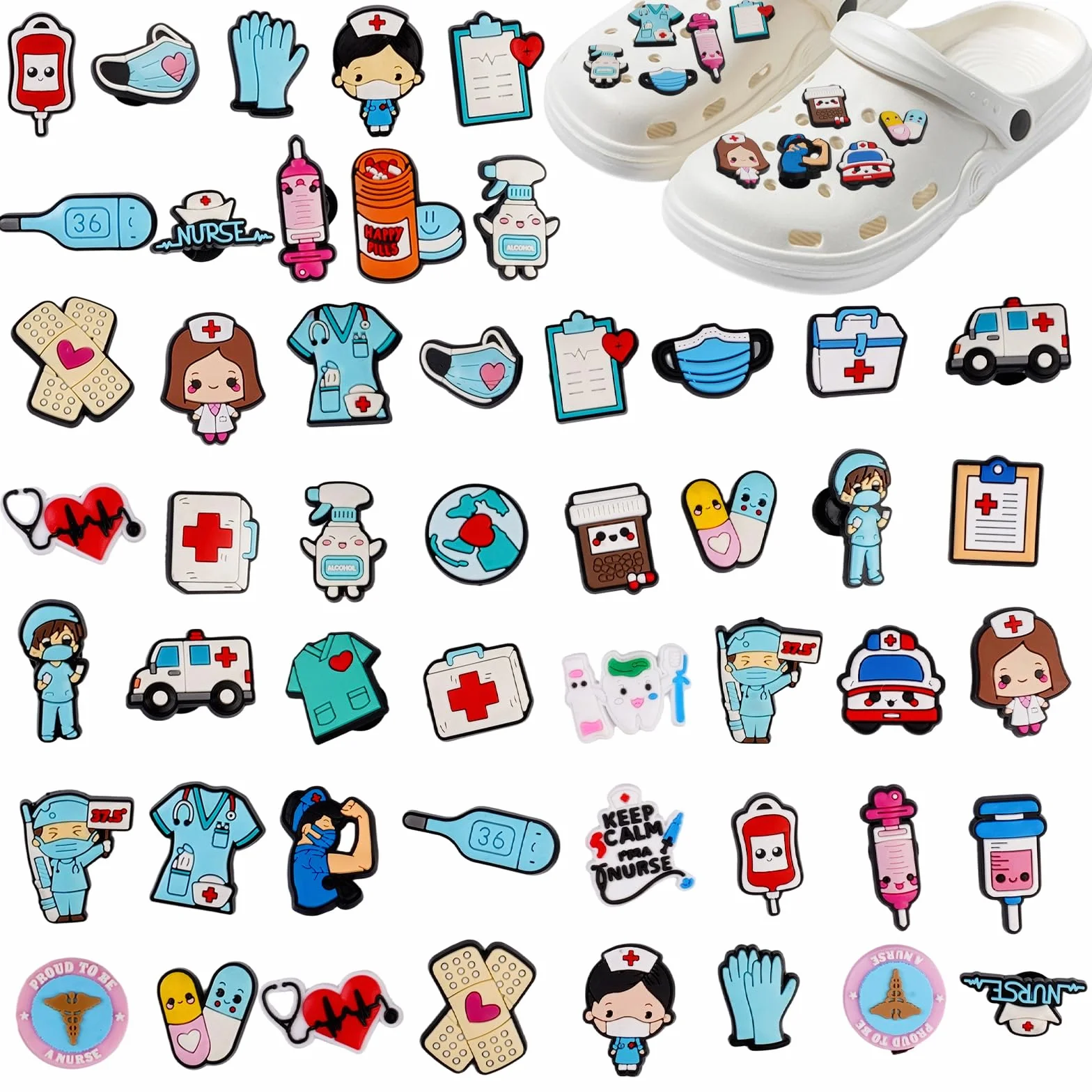 50 Piezas Adornos para Zapatos Enfermera Pins para Crocs, Charms Adornos para Zapatos, Decoración de Zapatos de Dibujos Animados, Shoe Charms de PVC, para Médicos Enfermeras Niños Adultos Niñas