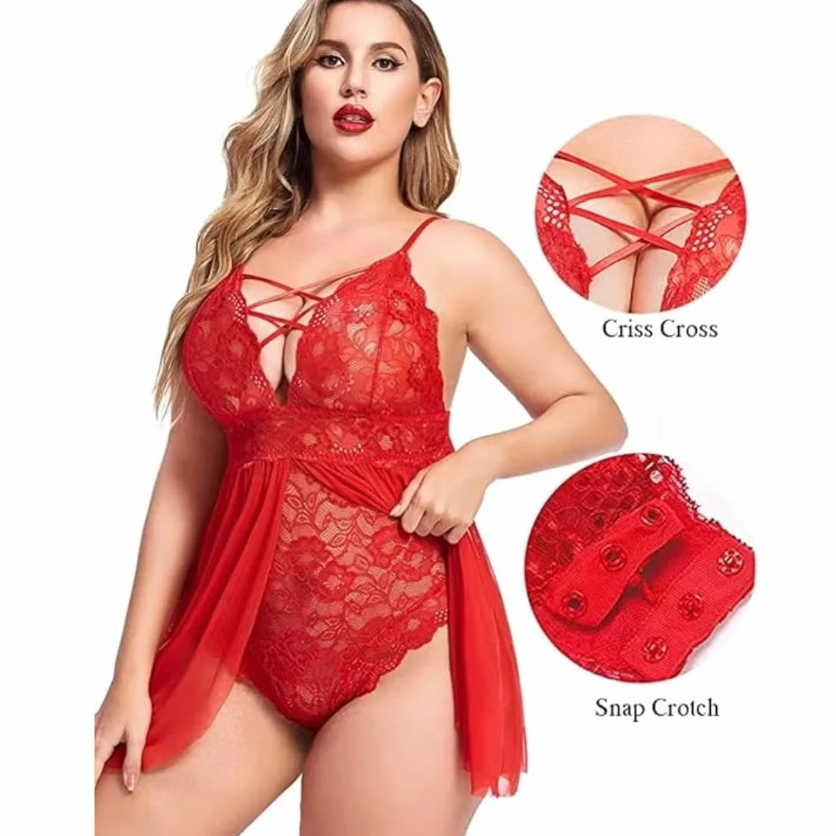 XHYRHTS Babydoll de lencería Sexy de Talla Grande para Mujer, camisón de Encaje, Ropa Interior de negligé, Ropa de Dormir de una Pieza, camisón para Mujer