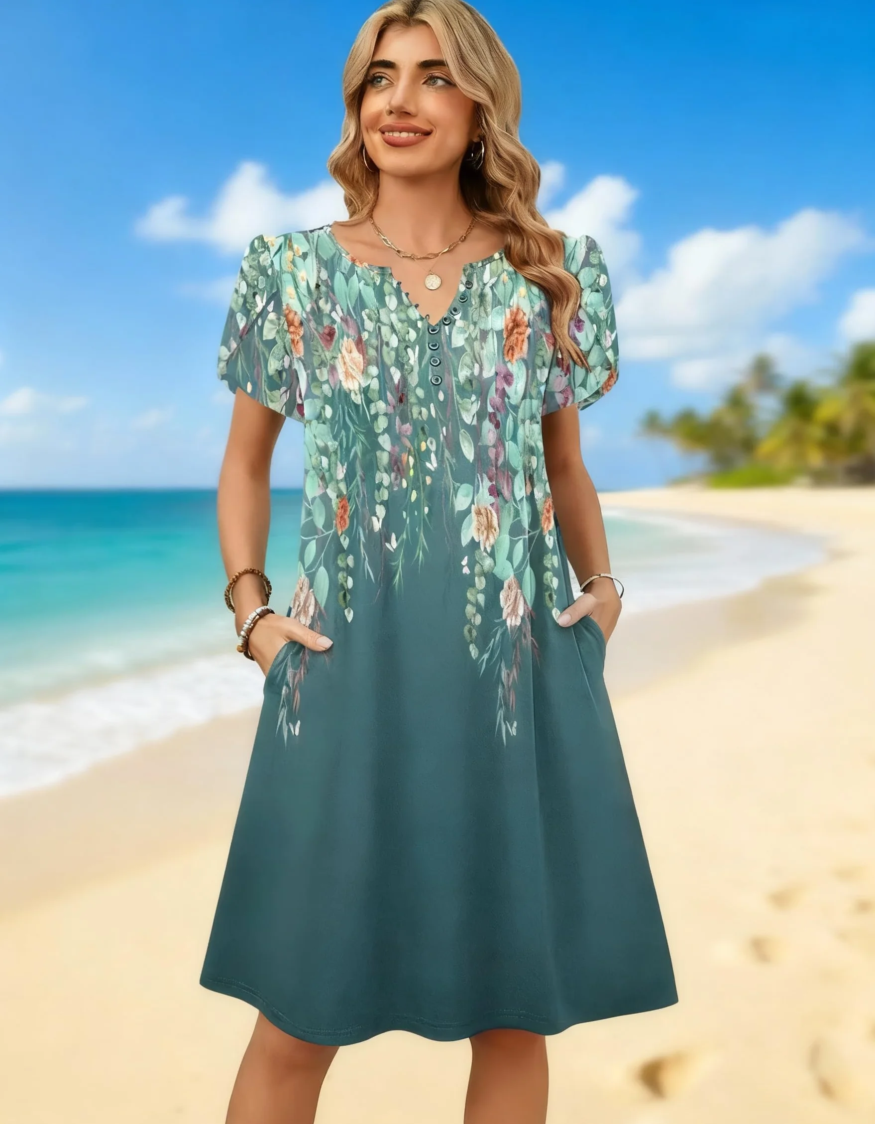 Zeagoo Vestidos Verano Mujer Manga Corta Escote en V Túnica Flores Midi Casual S-XXL