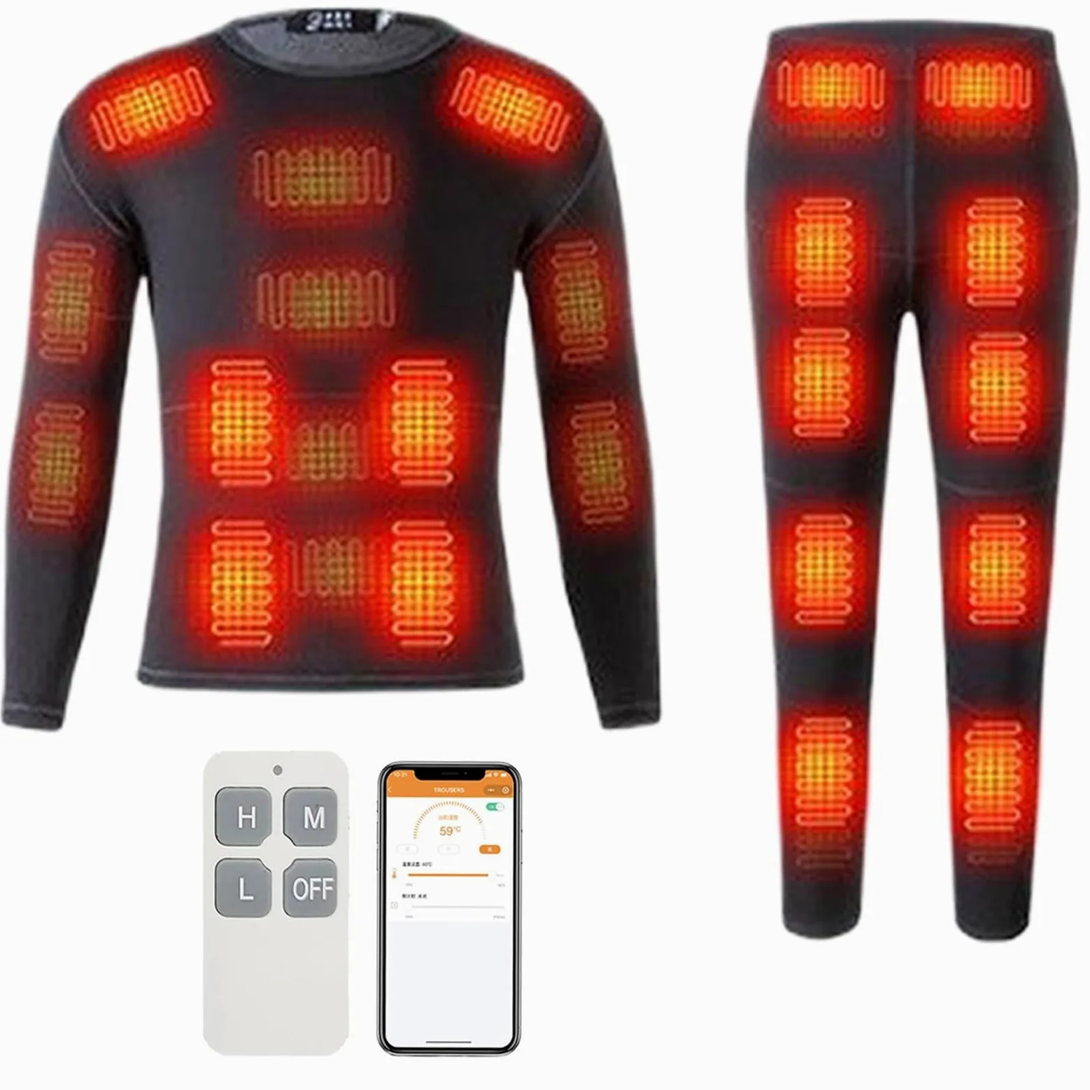 Ropa Interior Térmica Para Hombre, Camiseta Y Pantalón Térmicos De Invierno Con Calefacción En 32 Zonas, Control De Temperatura Mediante Aplicación Y Mando A Distancia(2XL)
