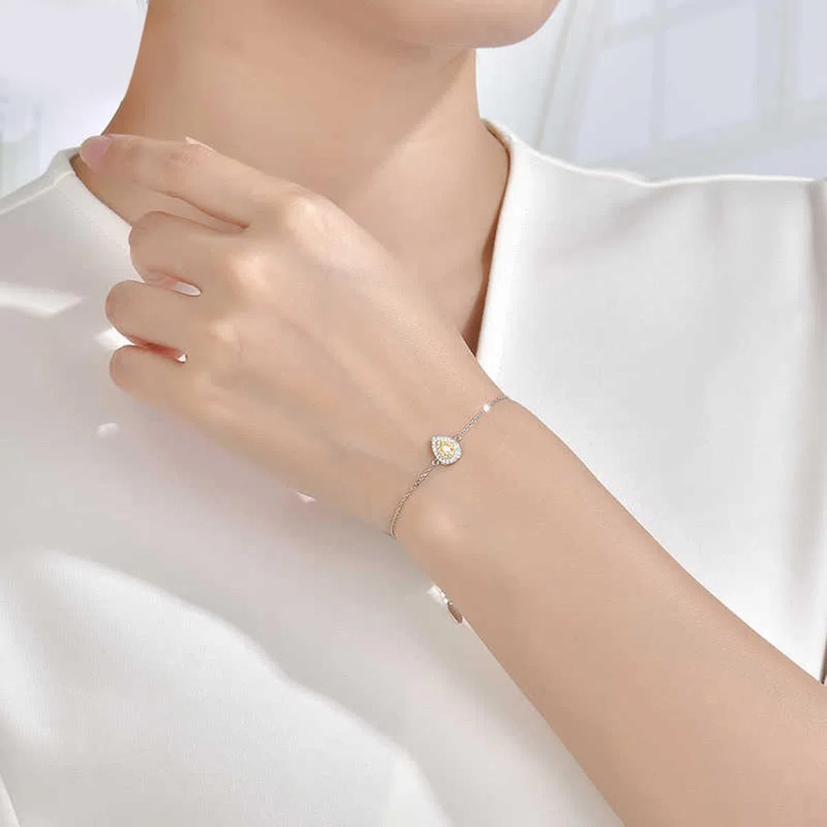 Pulsera de cadena para mujer, pulseras de boda con diamantes amarillos de 0,1 quilates, cadena de gota de agua, joyería de oro blanco con diamantes