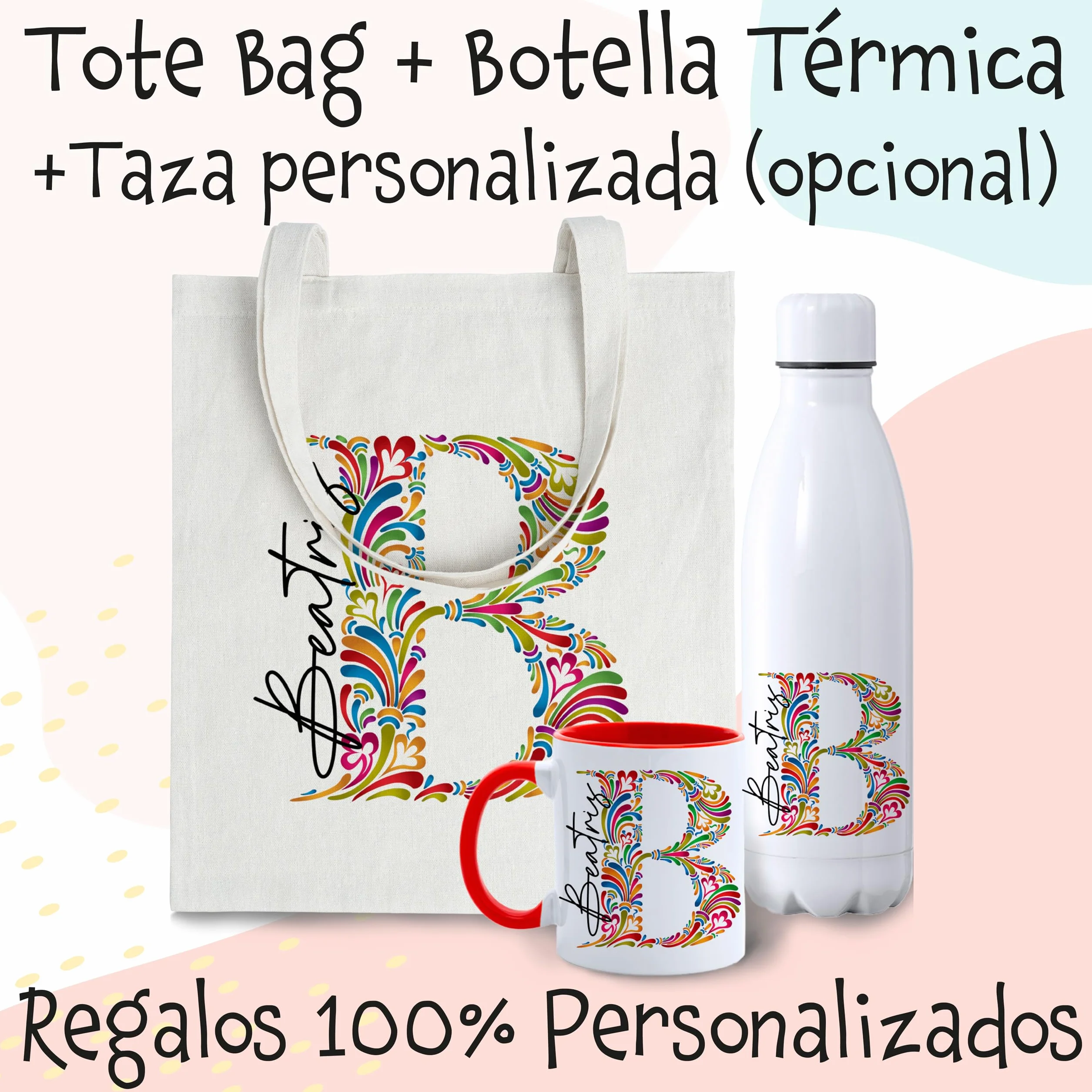 Set Regalo Personalizado Mujer – Tote Bag con Inicial y Nombre + Botella a Juego | Opción de Añadir Taza Personalizada con Mensaje y Color – Hecho a Mano en España