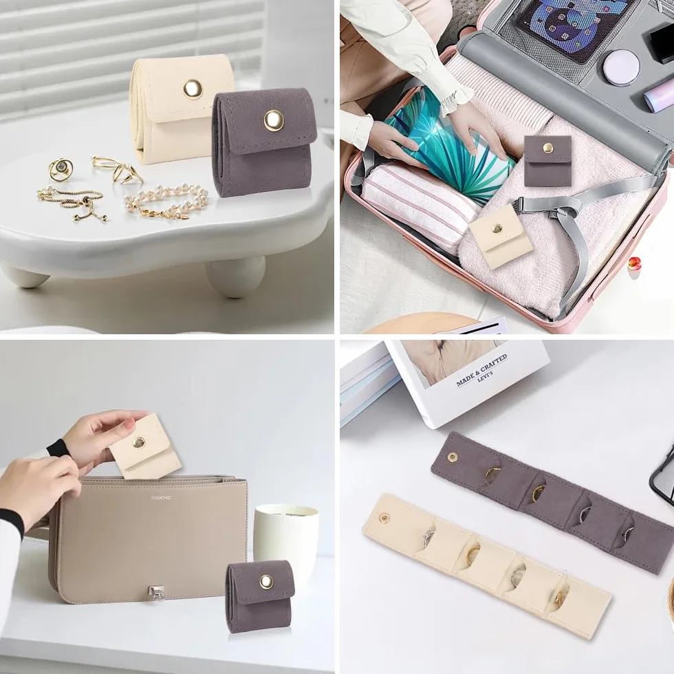 2 Piezas Mini Bolsa para Joyas,Organizador Joyas Viaje Enrollable,Travel Jewelry Bag,Bolsa Almacenamiento Joya,Organizador Bisuteria Con Hebilla para Pendientes, Collares, Pulseras (Beige+Gris)