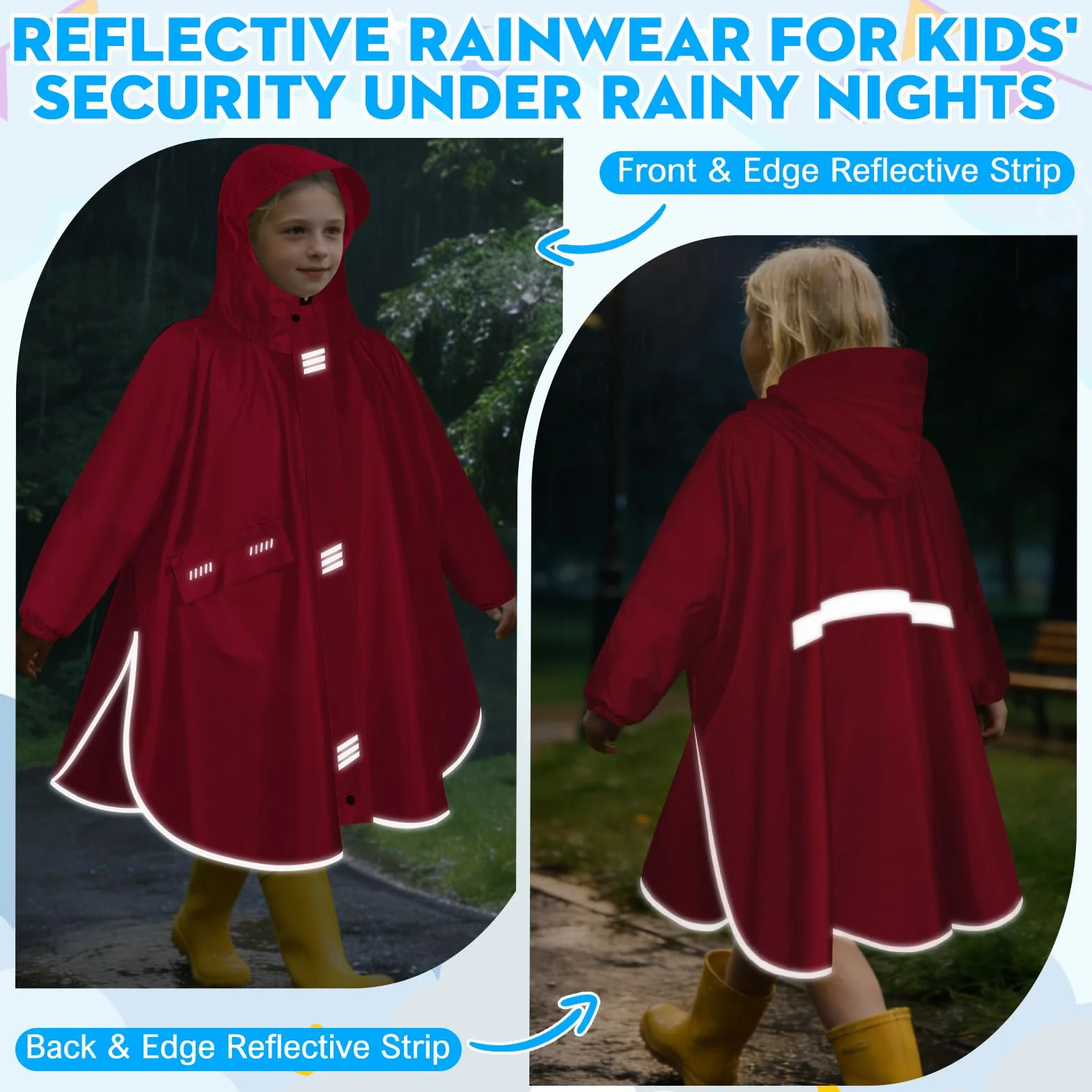 Poncho Lluvia Impermeable Niño Niña Unisex con Capucha Mangas Reflectantes