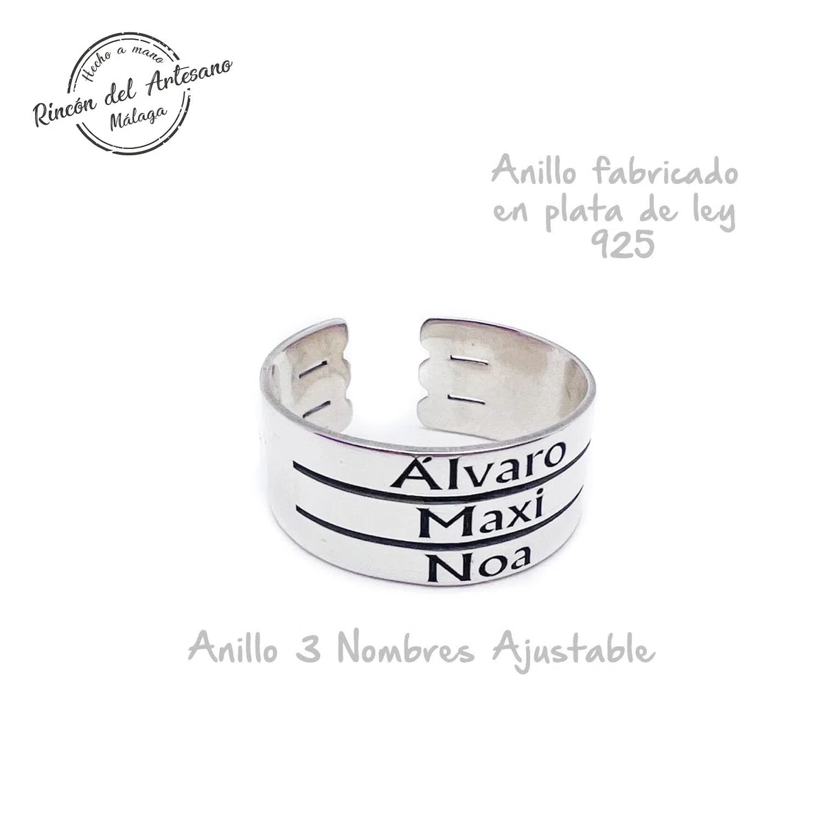 Anillo para Mujer con Nombres Personalizados – Ajustable, Plata 925/1000 – Regalo Día de la Madre Modelo triple Arial