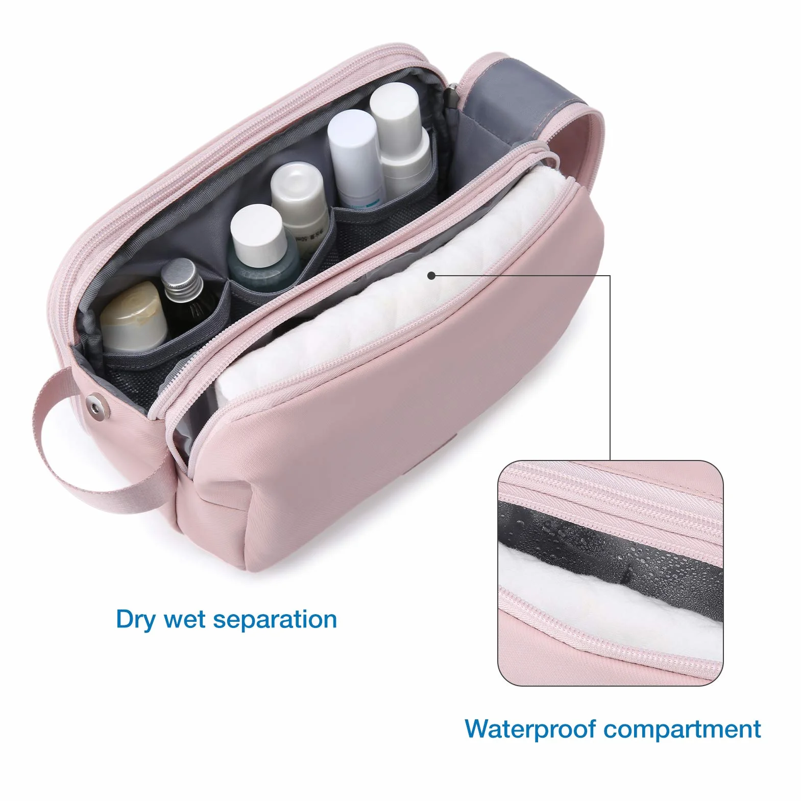 BAGSMART Neceser para Viaje Hombres y Mujer, Neceser Maquillaje Impermeable con Doble Cremallera, Bolsa de Afeitar, Gran Espacio de Almacenamiento, 5 L, Rosa, M