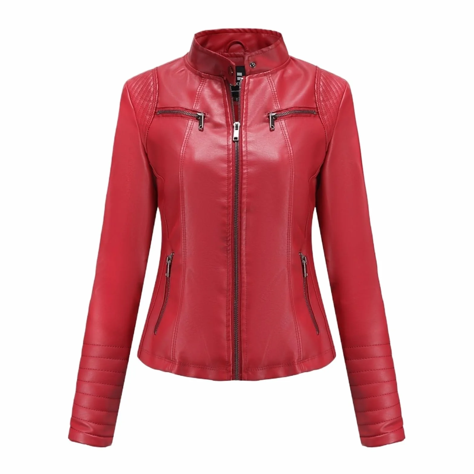 Chaqueta Cuero Mujer Women's Slim Leather Jacket Stand Up Collar Zipper Stitching Monochromatic Coat Para salir