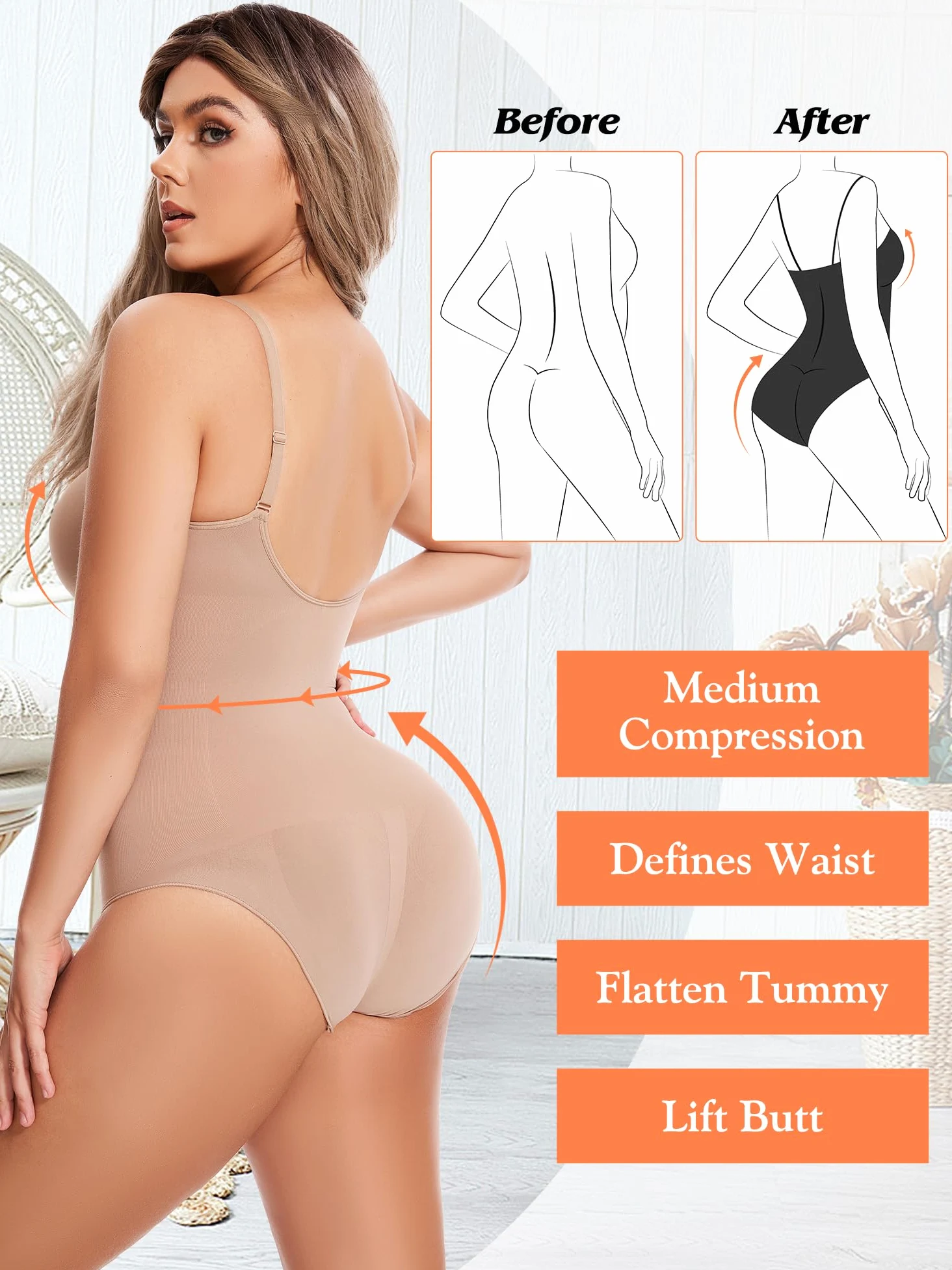 Atbuty Body de muslo medio, moldeador de cuerpo completo, torso corto para mujer, control de abdomen, esculpido sin costuras, moldeador de cuerpo pequeño