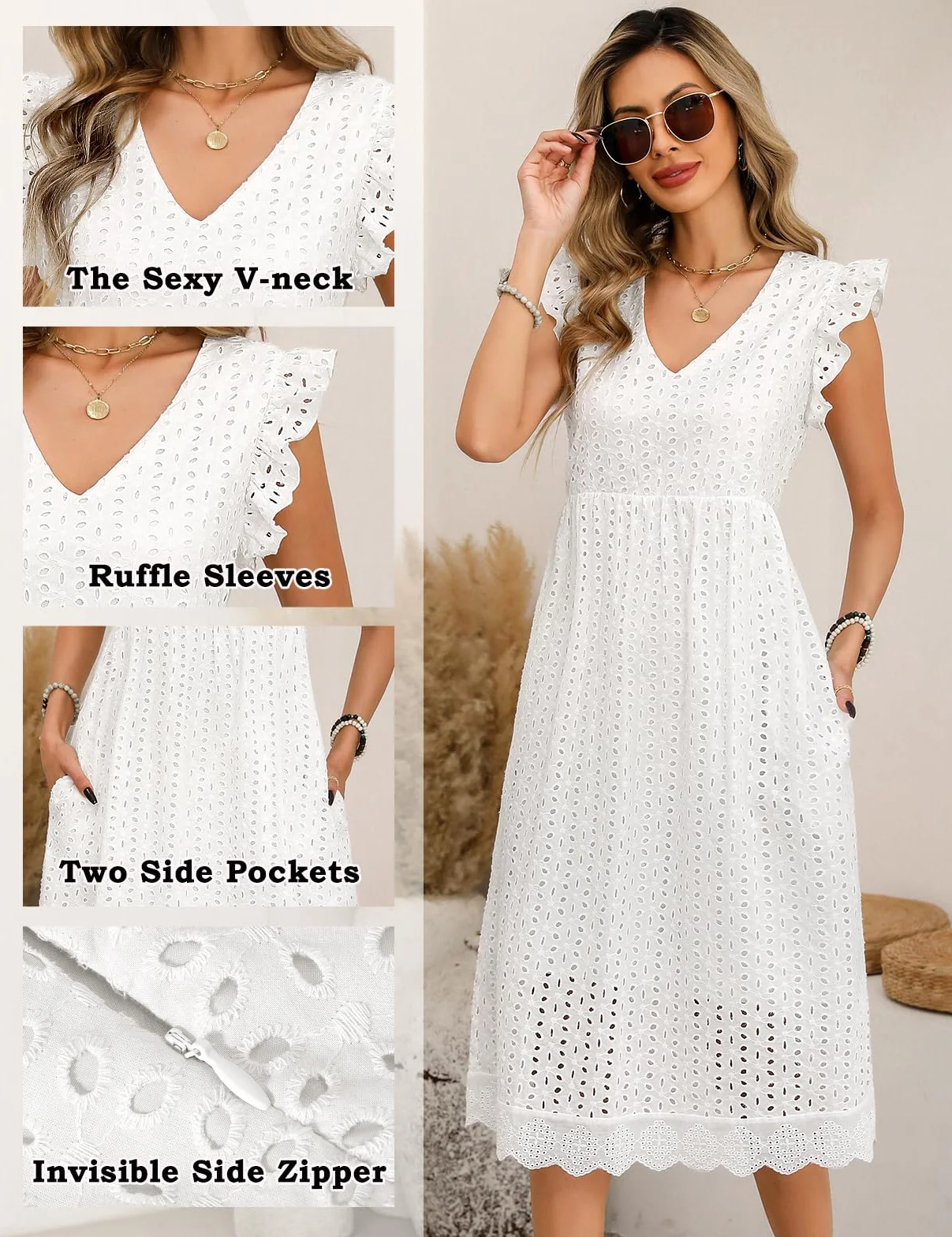 Vestido Largo Mujer Verano Casual Cuello V Manga Volante Cintura Alta A-Line Bolsillos