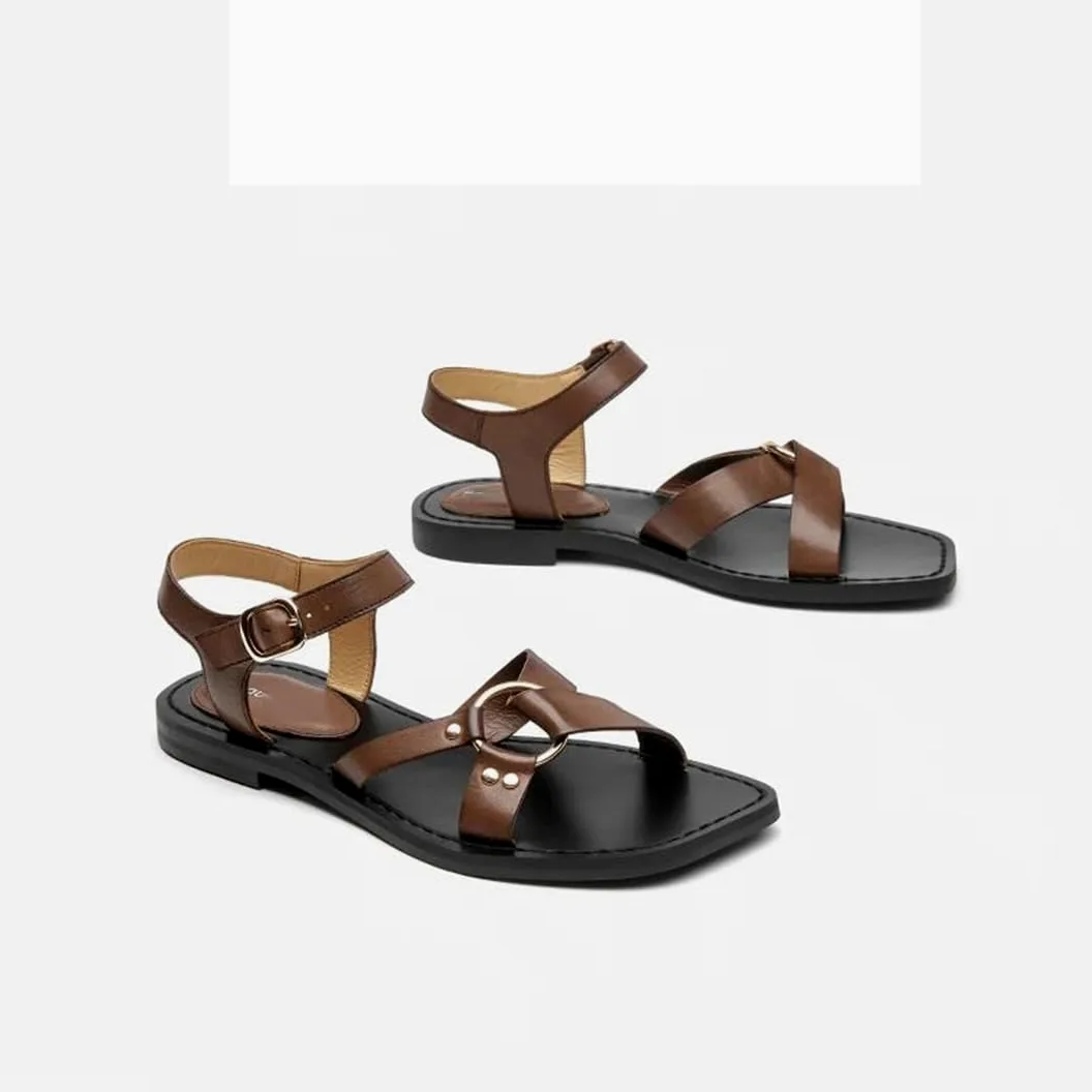 Sandalias básicas de piel de vacuno con hebilla y correa al tobillo para mujer, tacón plano, estilo casual, para verano, Brown, 40.5 EU