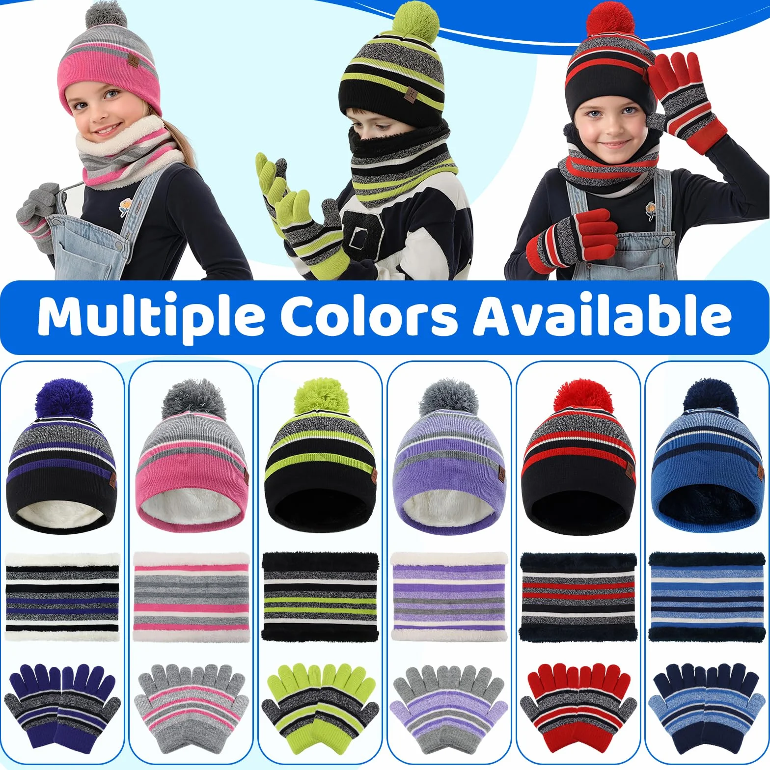 LACOFIA 3 Piezas Conjunto de Gorro Bufanda Guantes Invierno para Niños Beanie Punto con Pompon Sombrero Forro Polar Térmico para Niños 2-7 Años