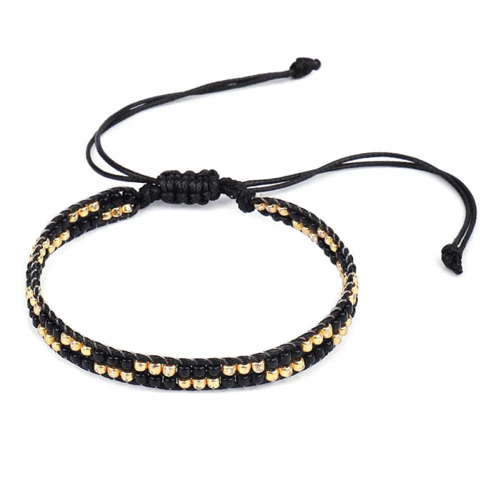 Pulsera Tejida Con Cuentas Para Mujer,Pulsera Tejida De Moda Con Cuentas Pulsera De Doble Capa Hecha A Mano Negra Pulsera De Amistad De Estilo Bohemio Accesorios De Ropa Personalizados Ajustables Joy