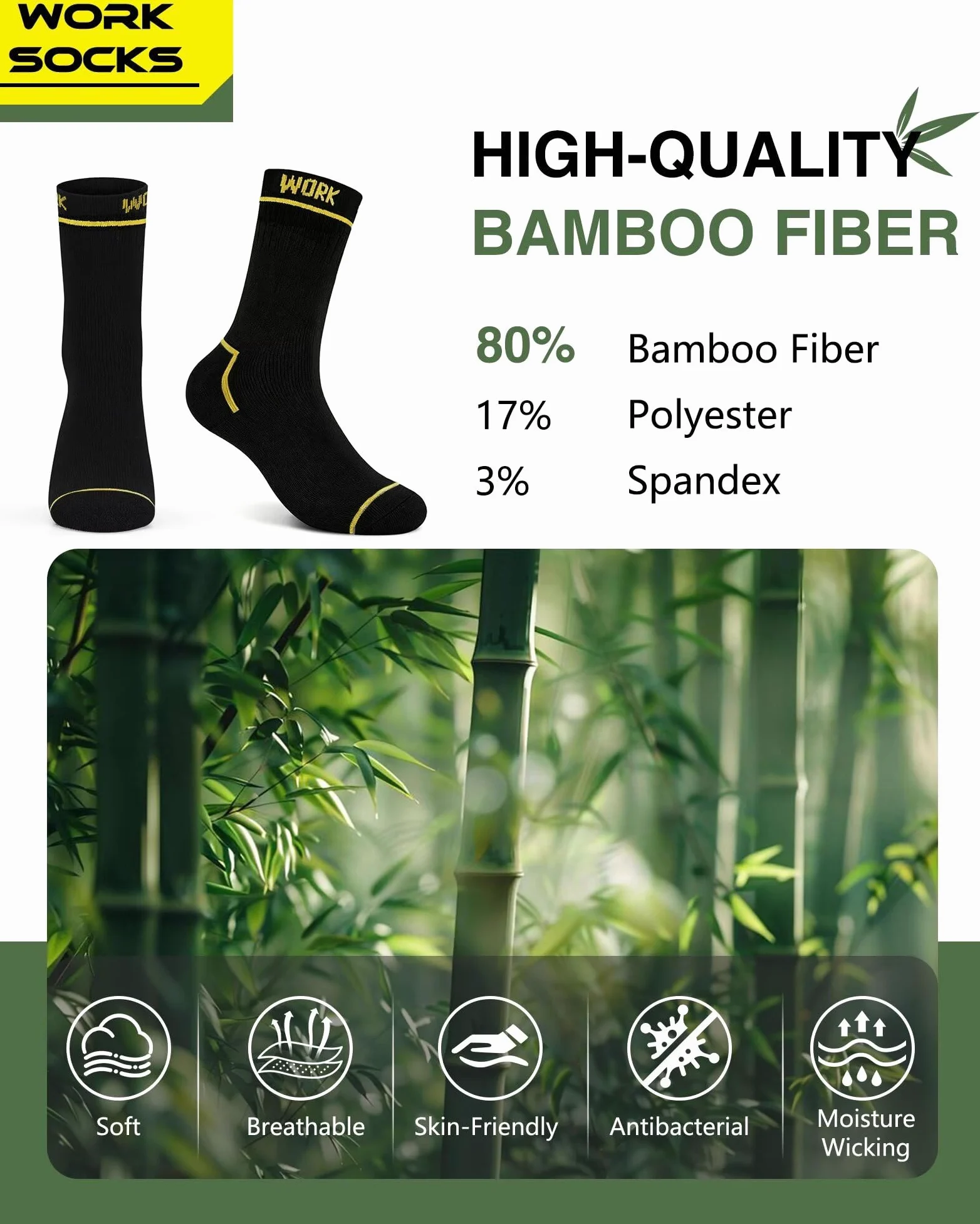FALARY Calcetines Trabajo Hombre Bambú Rizo WORK Socks Durable 6 Pares | Respirable Cómodo, Absorbe la Humedad, Tela de Rizo Gruesa, Refuerzo en Talón y Puntera, Adecuado para Trabajadores Manuales