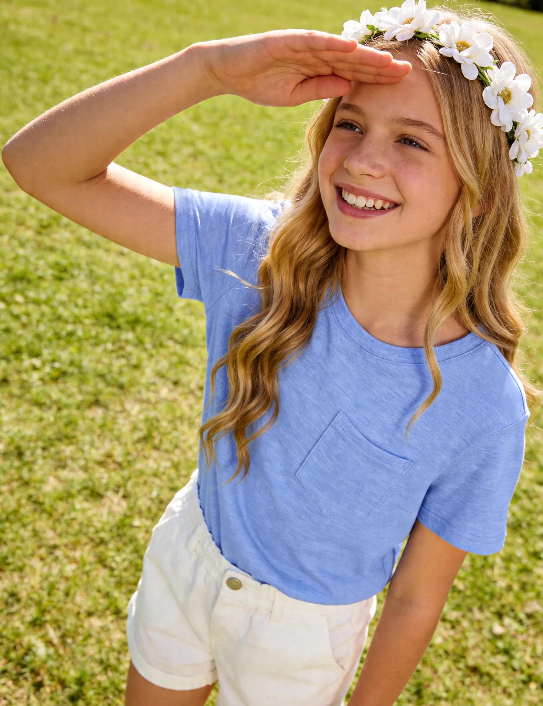 Camiseta de verano para niña, manga corta, básica, cuello redondo, color liso, con bolsillos, camiseta para niñas de 6 a 15 años