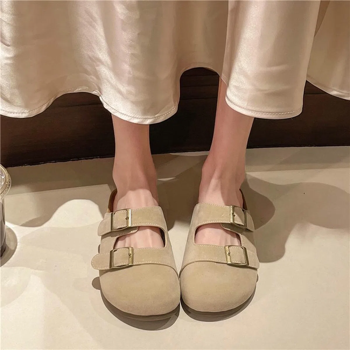 Zapatillas Mujer Resbaladizas De Suela Suave Retro Moda para Mujeres con Hebillas-beige-37