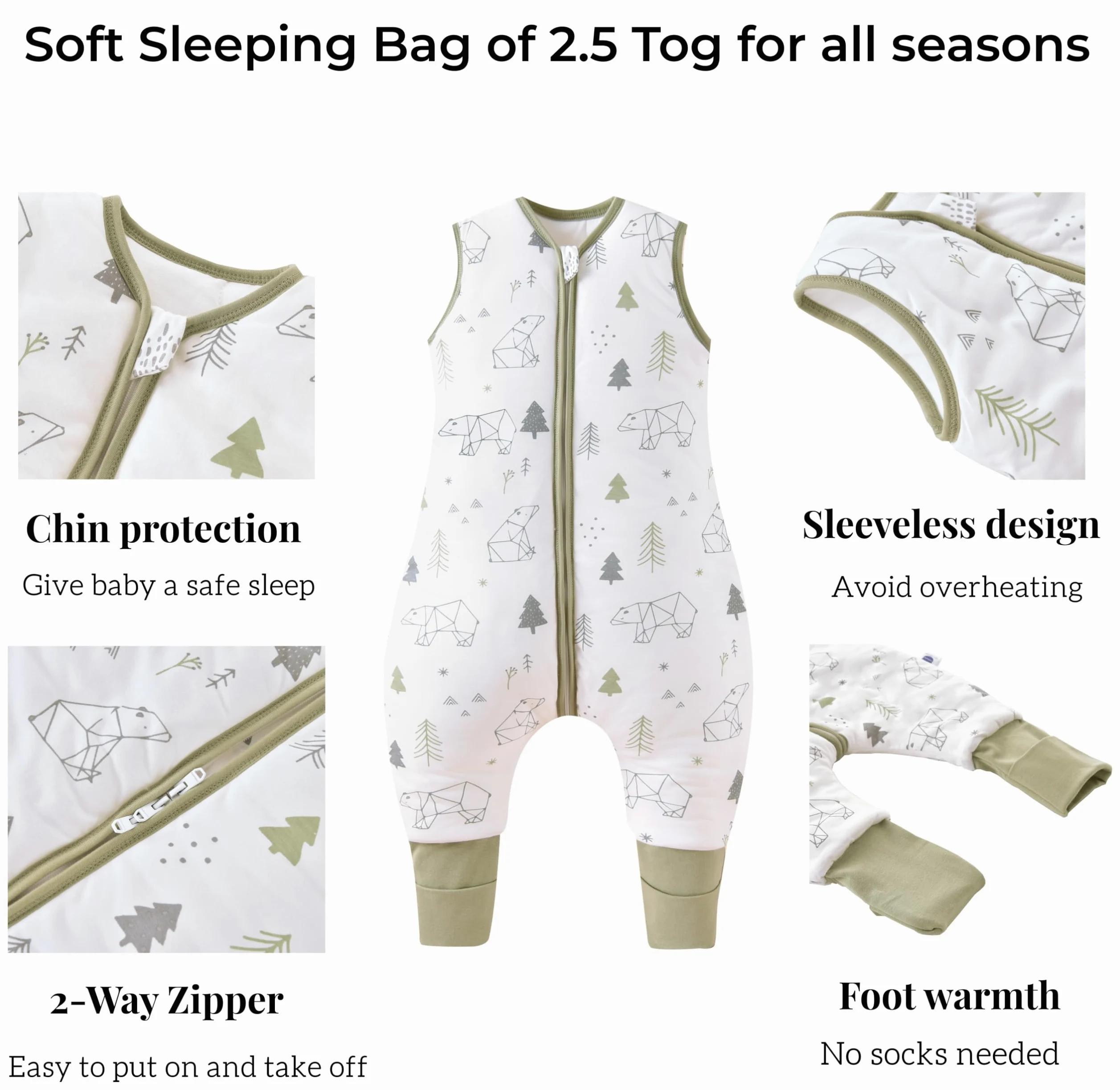 Chilsuessy Pack de 2 sacos de dormir para bebé con perneras, 1,5 tog, 100% algodón, para todo el año, saco de dormir con pies, para niños