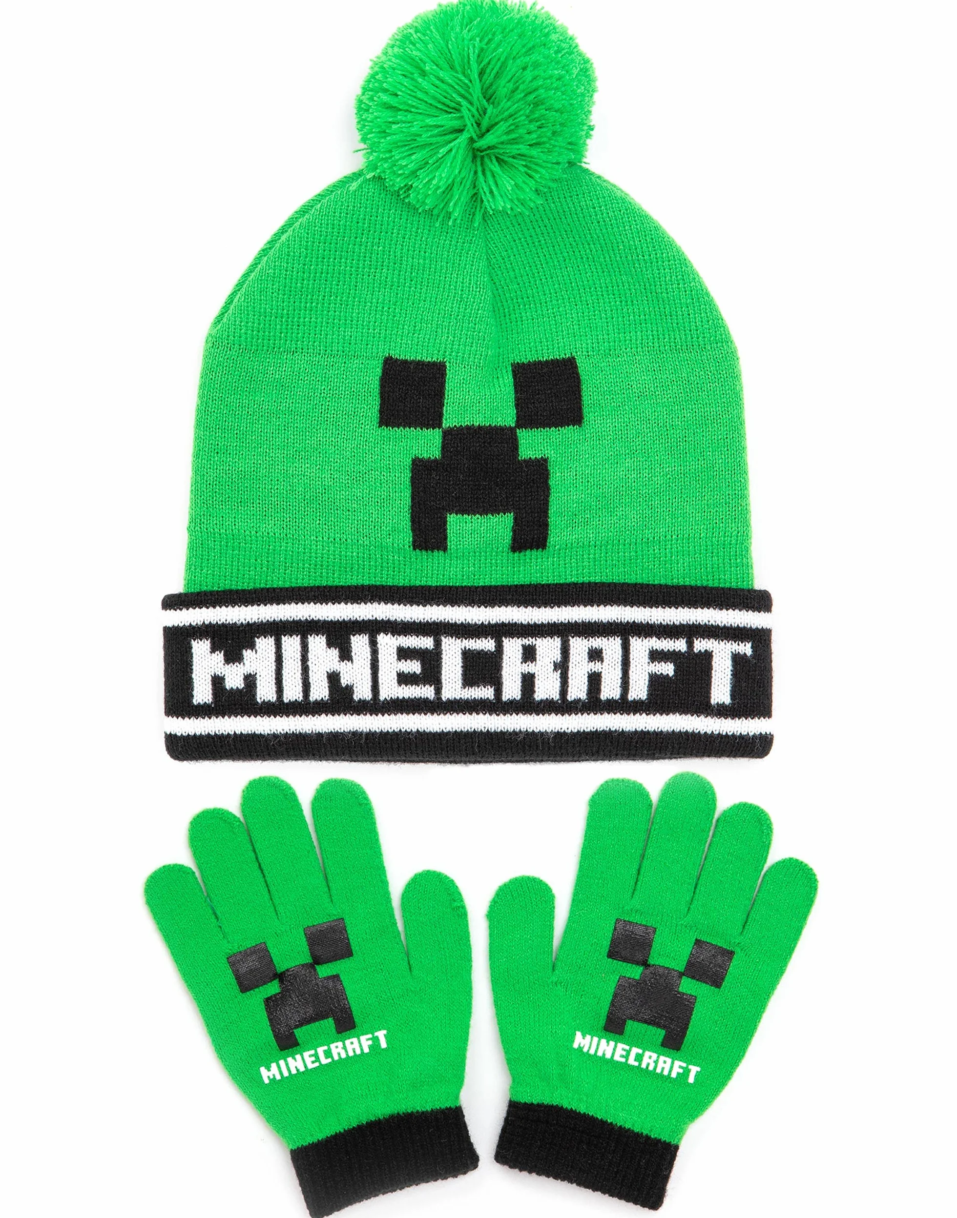 Minecraft Kids Bobble Hat Gloves Set Creeper - Gorro de punto para gamer, talla única, Negro, talla única