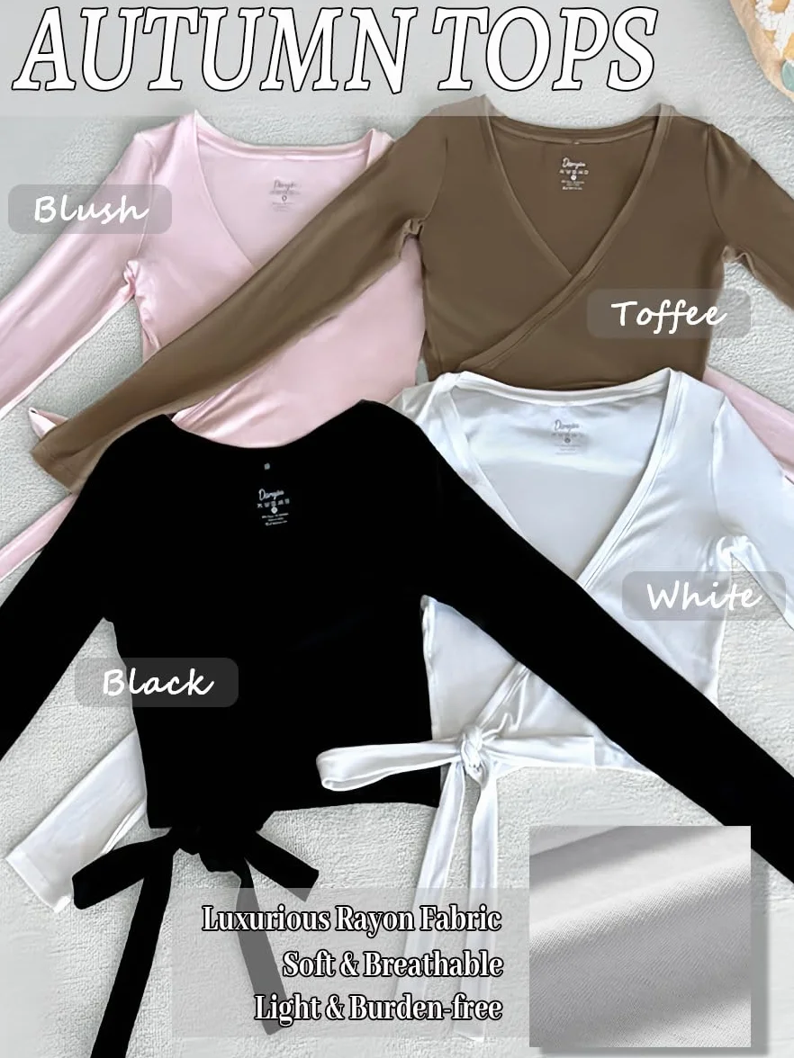 Danysu Camisetas de ballet manga larga lazo cruzado cuello en V profundo ropa baile cárdigan otoño