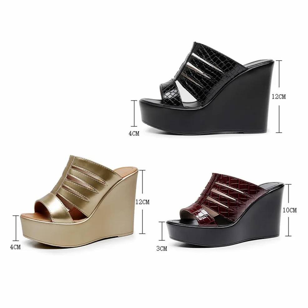 Sandalias con Cuña Mujer Plataforma Mules Metálico Calado Wedges Punta Abierta Tacón Alto Slip-on Zapatos de Fiesta Oro Negro 12cm