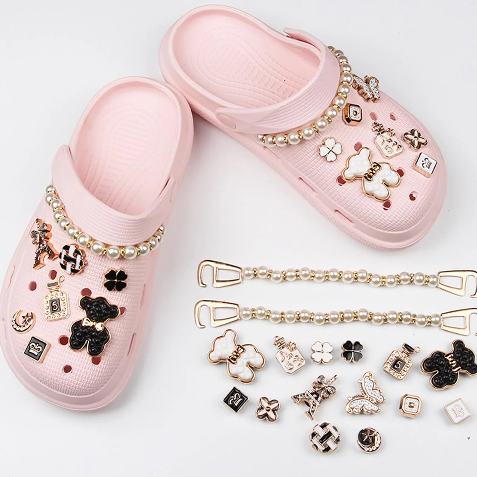 Juego de 16 abalorios para zapatos, color dorado, esmaltado con purpurina, para fabricación de joyas, alfileres extraíbles para zapatos