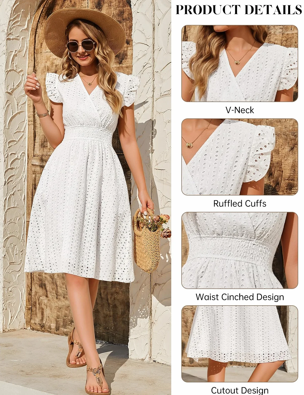 Vestidos Verano Mujer Sin Mangas Corto Cuello en V Algodón Elegante Dress Manga Volantes Cintura Alta Elástica Mini Playa Sueltos Casual Bolsillos