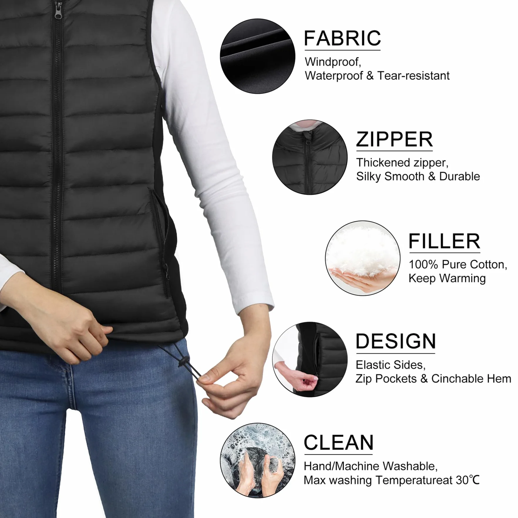 Chaleco calefactable mujer 10000mAh 3 niveles calor 4 zonas sin mangas