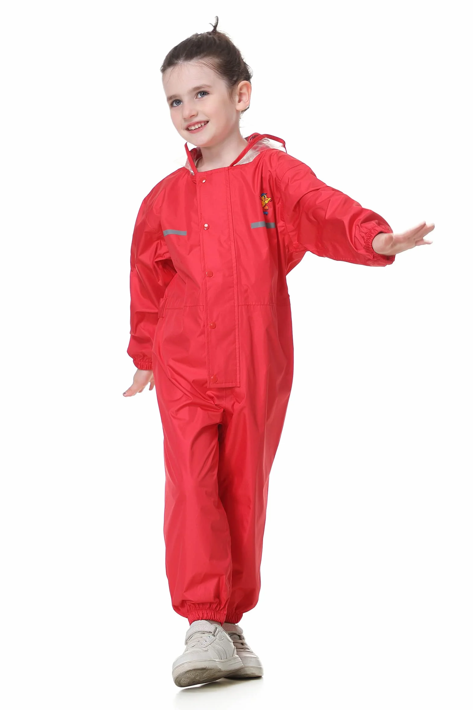Chubasquero para Niños Mono Impermeable Traje de Lluvia Encapuchado Niñas Chaquetas de lluvia Poncho con Tira Reflectante, Rojo 2-3 Años