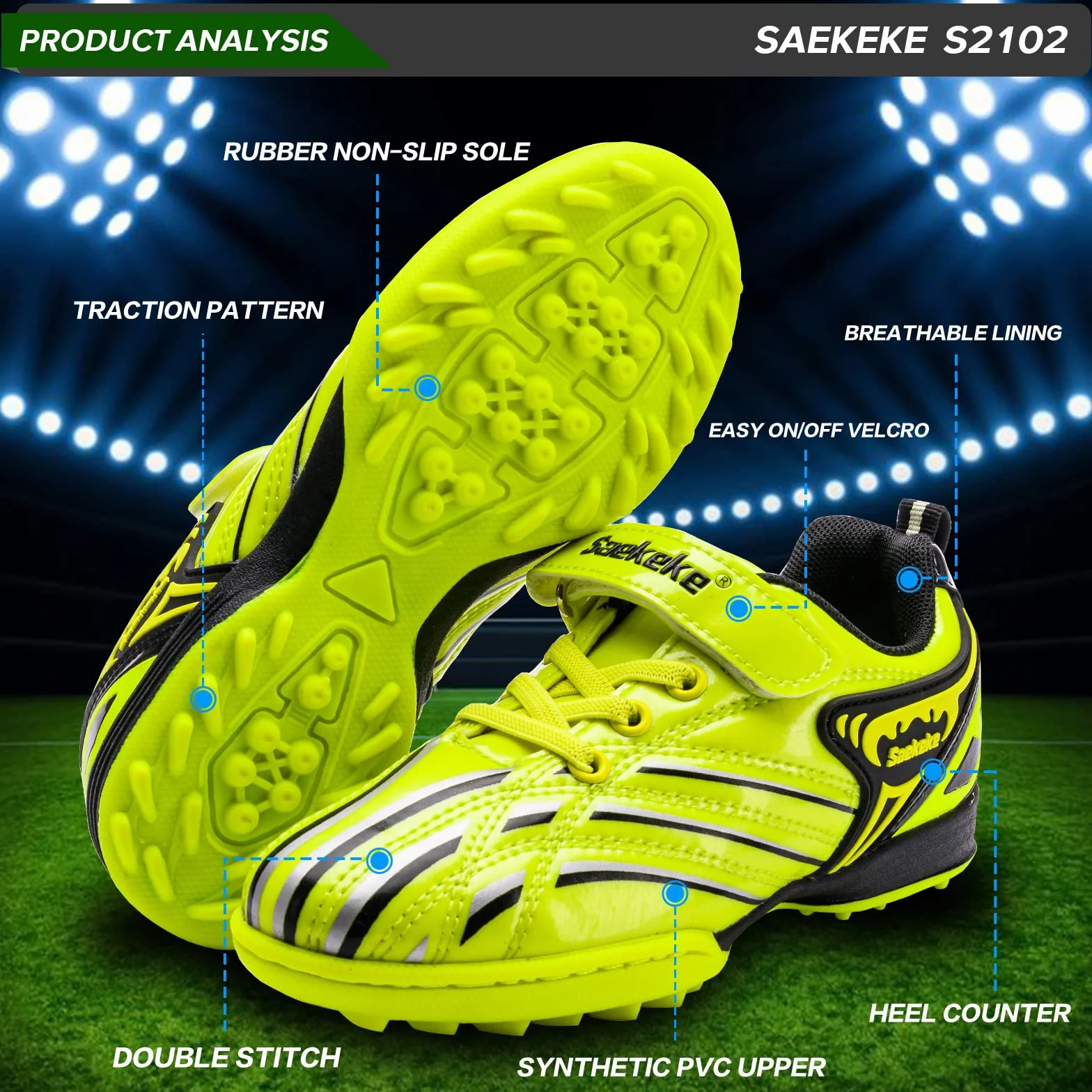 Botas de fútbol TF Niños Niñas Moqueta Turf Ligero Antideslizante Velcro Bajo Zapatos Entrenamiento