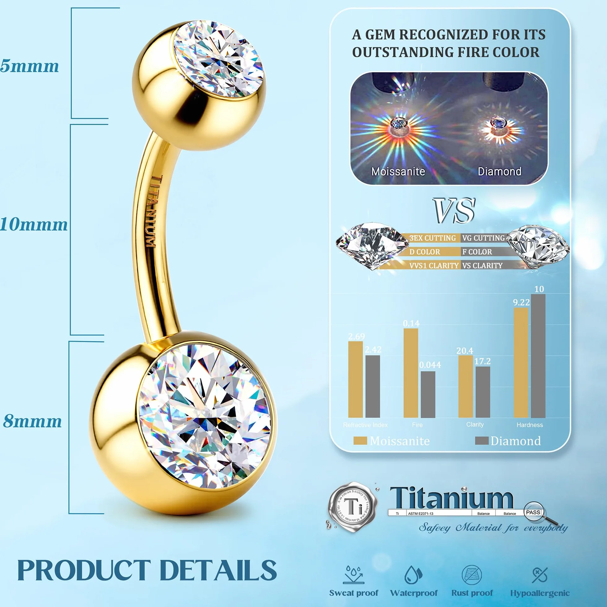Sllaiss Piercing Ombligo Titanio G23 con Moissanita Brillante Calibre 14G y 10mm Piercings de Ombligo Mujer con Rosca Interna Hipoalergénico Joyería Corporal de Titanio Grado Implante Plata/Oro