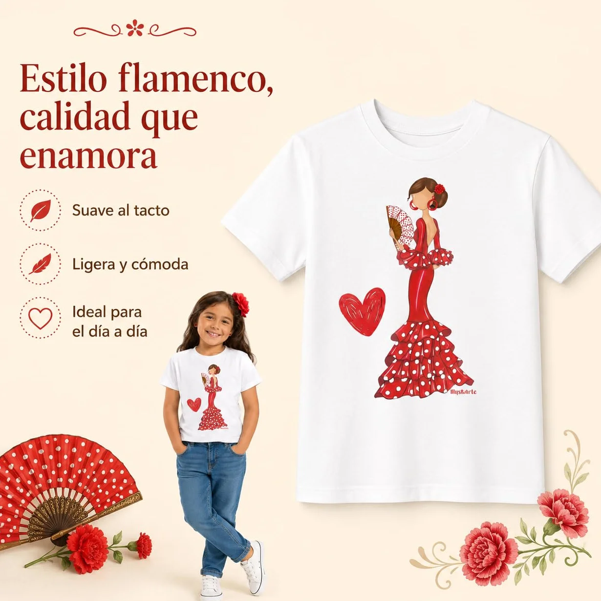 Camiseta Flamenca 100% algodón orgánico de Manga Corta para niña