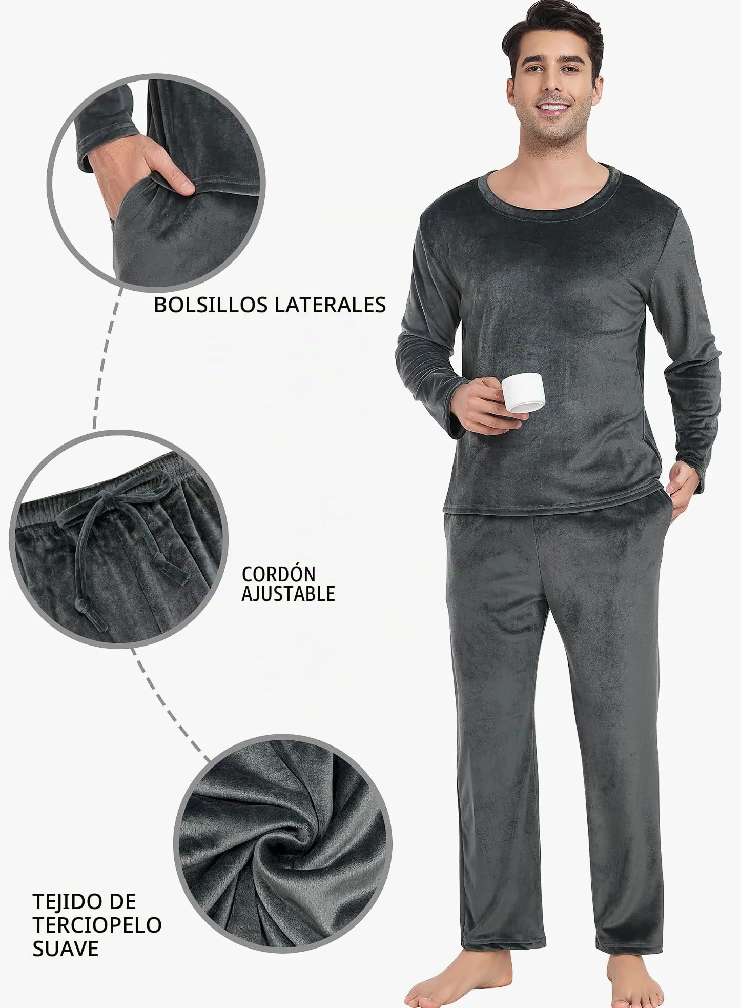 Lovasy Pijama Hombre Invierno Terciopelo Polar Conjunto Mangas Largas Cálida Pijamas con Bolsillos