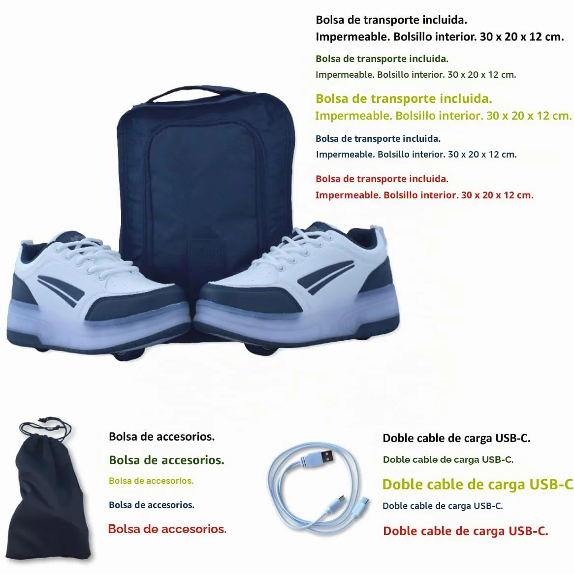 Zapatillas Deportivas con Dos Ruedas y Luces LED. Recargables, 16 Efectos de Luces. Rueda Trasera automática. Blanco/Azul Oscuro. Talla 35