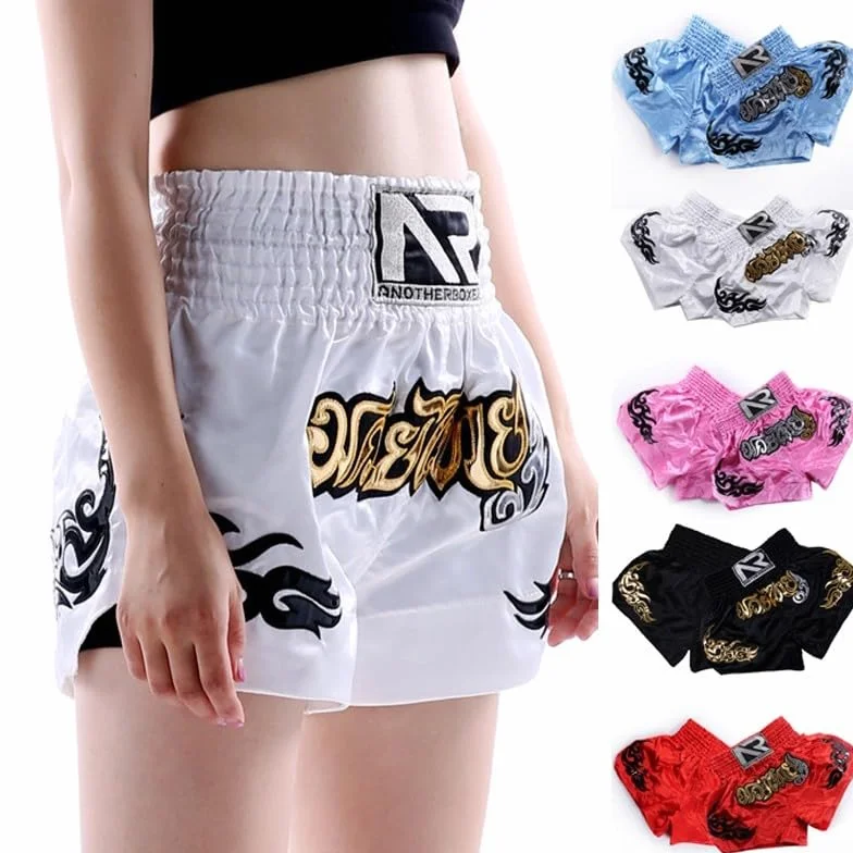 Pantalones cortos de kickboxing para mujer, para entrenamiento de Muay Thai, ropa de lucha MMA transpirable de poliéster con cintura elástica para boxeo y fitness