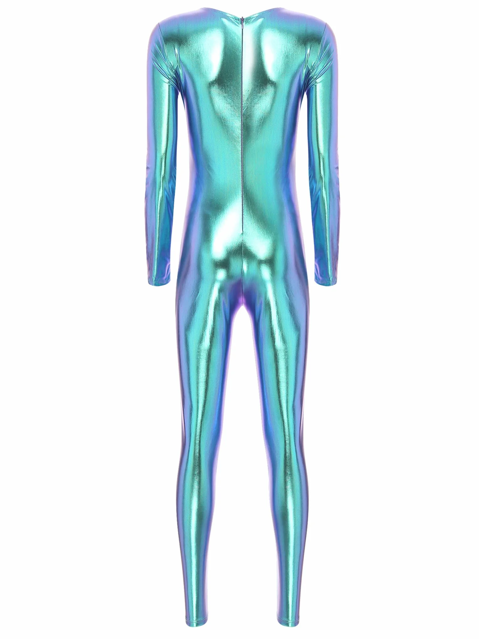Mono de Gimnasia Rítmica para Mujer Brillante Metálico Largo Cuello Redondo Jumpsuit Traje Cuerpo Entero