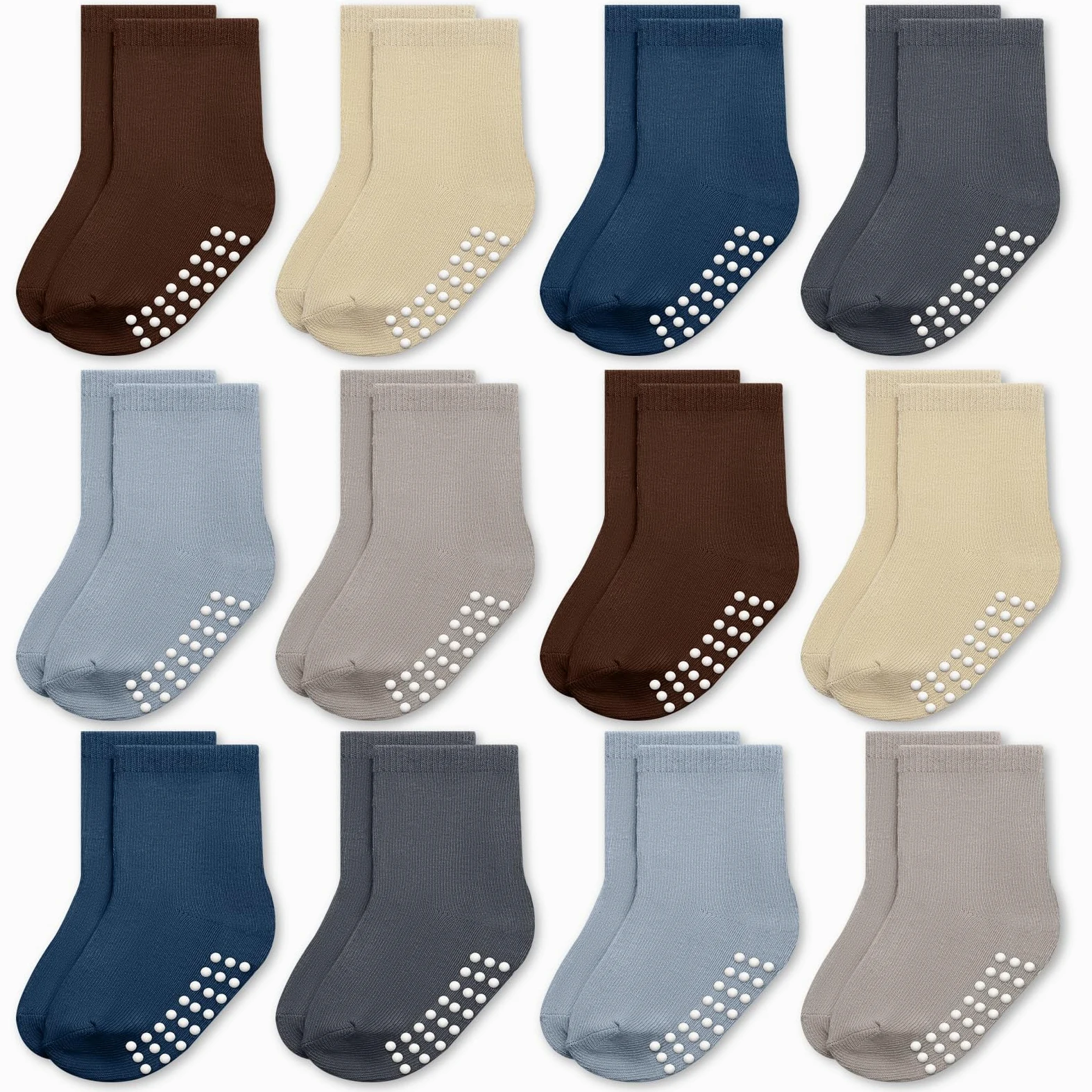 JAKIDAR Paquete de 12 calcetines de bebé para niños pequeños, de algodón antideslizante, calcetines tripulados para niños, niñas, bebés y niños, marrón, azul índigo, Haze Caqui, gris, 12-24 meses