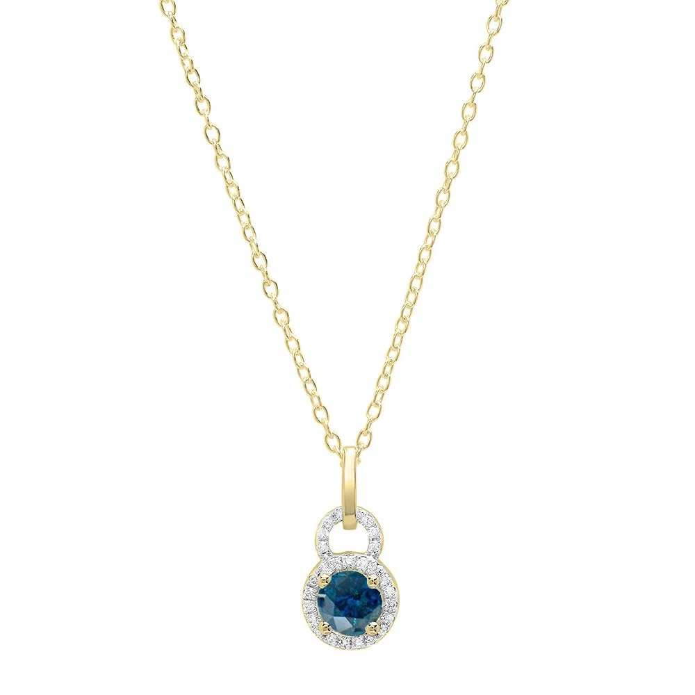 18 K amarillo oro 5 mm redondo Gemstone y blanco Diamond Ladies Halo colgante (cadena de oro incluido)