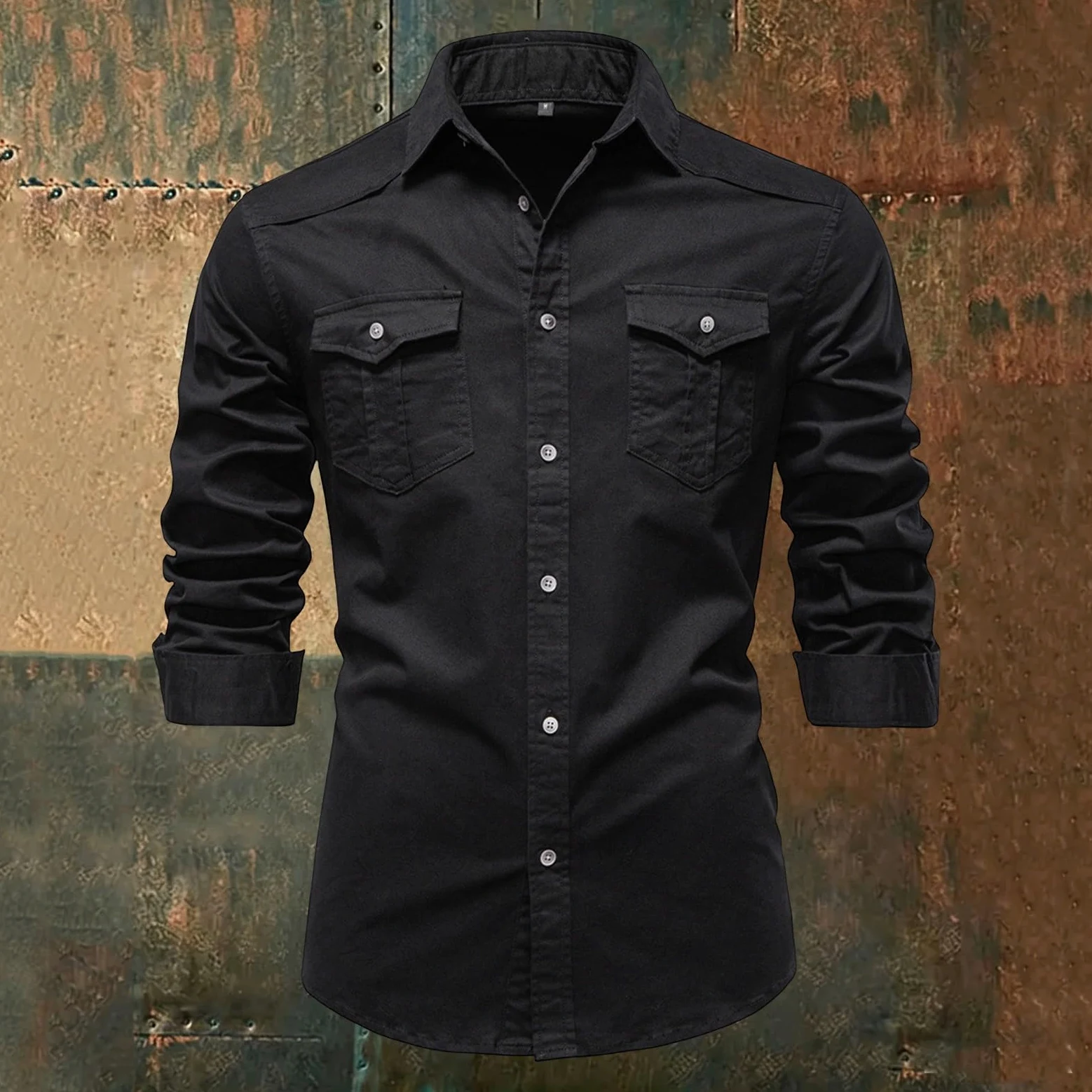 Camisa Casual de Hombre, Corte Ajustado, Manga Larga, Abotonada, de Mezclilla Lavada desgastada con Bolsillos en el Pecho.