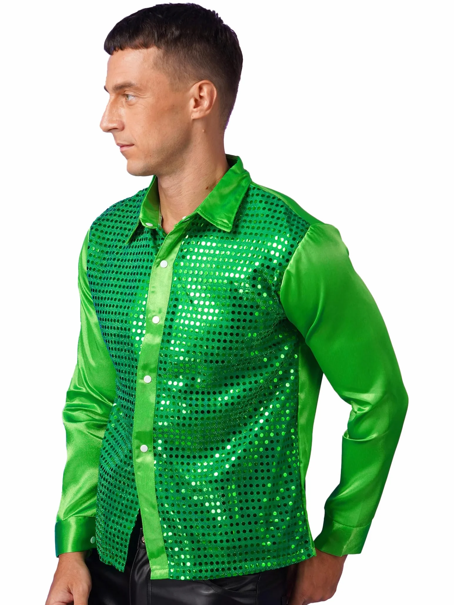 Camisa Hombre Brillante Manga Larga Disfraz Halloween Carnaval Traje Vintage Disco