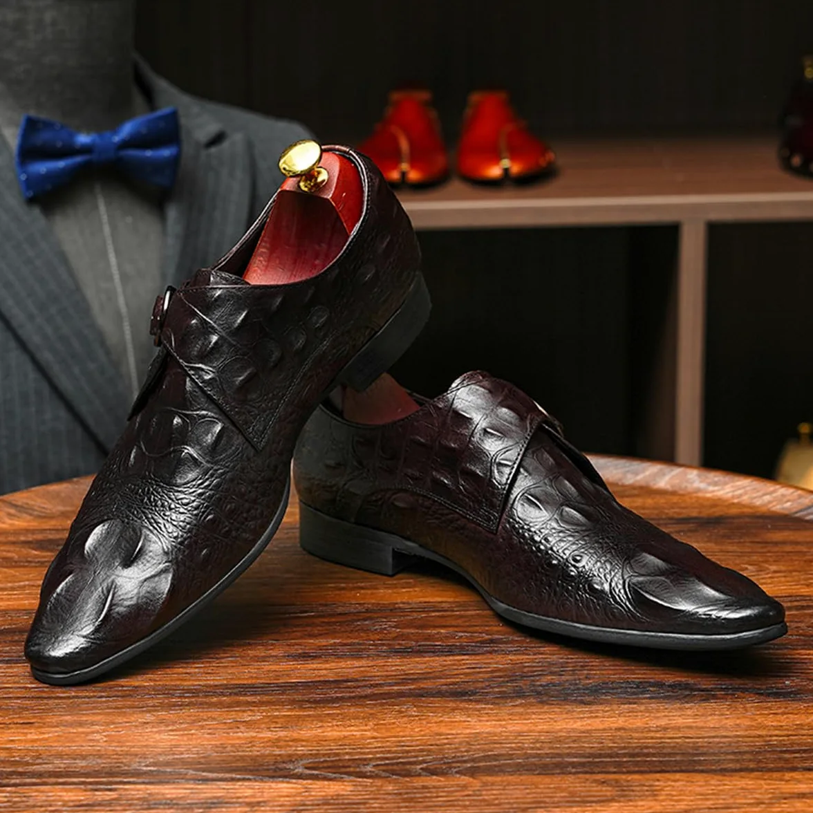Mocasines Formales Negocios para Hombres Zapatos Monk Relieve en Punta en Cuero Genuino Zapatos de Vestir Slip On con Hebilla