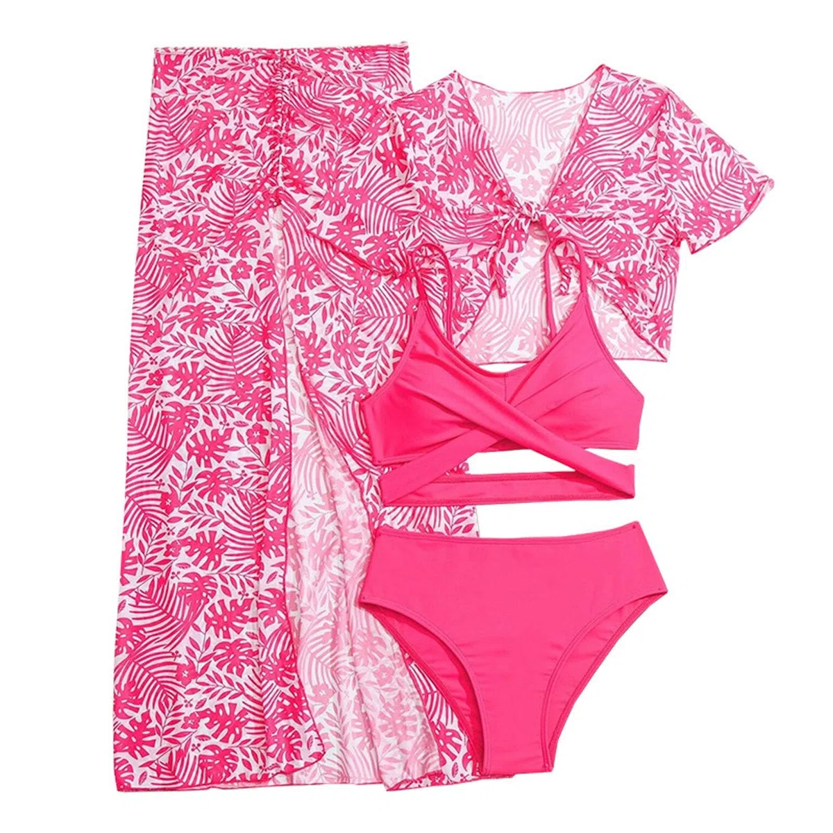 Bikini Girls - Conjunto de baño de 4 piezas para niñas, bikini con funda, protector de rashguard y falda, traje de playa de verano para niños de 7 a 12 años, trajes de baño casuales