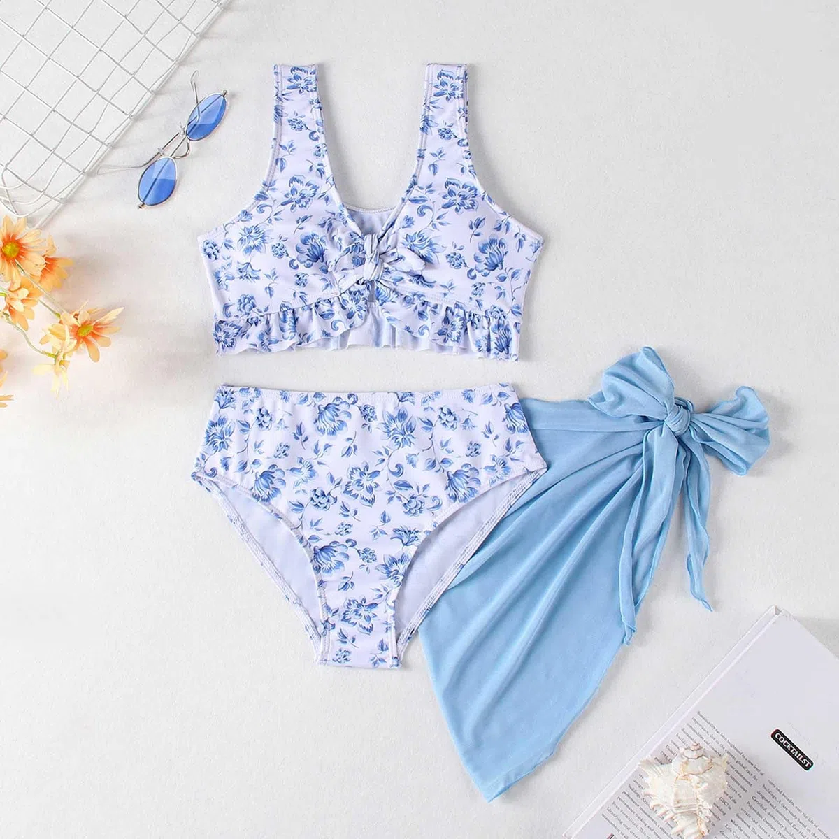 Generisch Juego de bikini de 3 piezas para niña con estampado floral y revestimiento de malla, traje de baño para niños grandes, playa de verano
