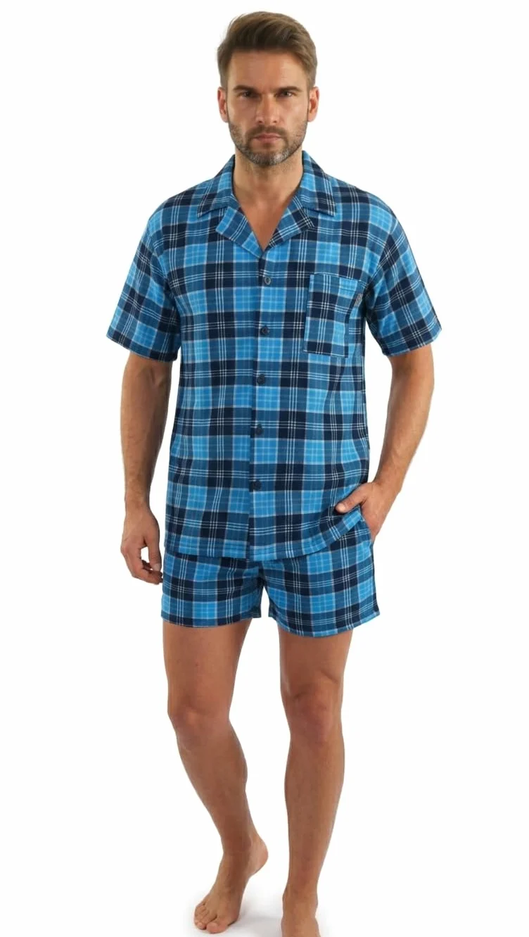 Sesto Senso Elegante Pijama de Hombre a Cuadros de Manga Corta Algodón Camisa con Botones Pantalón Corto